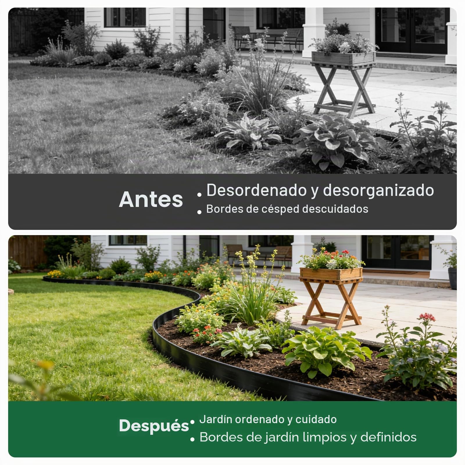 Bordura Jardín Exterior 10 m, Borde Jardín Flexible 5 cm con 60 Clavijas, Bordes de Jardín Exterior de Plástico Negro para Césped, Parterres y Caminos, Fácil de Instalar