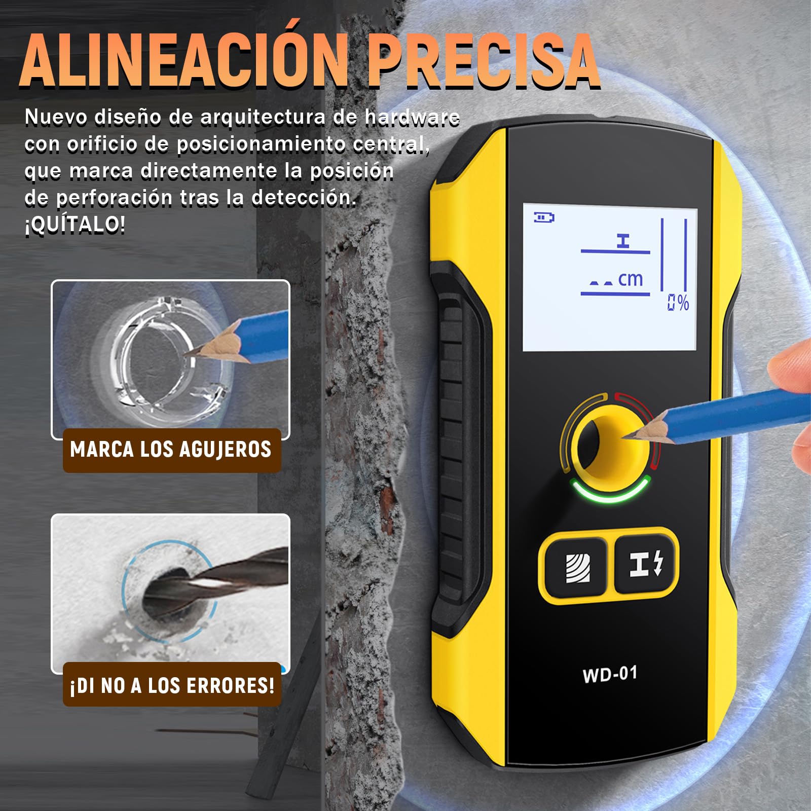WD-01 Detector de Pared 6 en 1, Detector Cables y Tuberias con Orificio de Posicionamiento, Escáner de Pared para el Centro y el Borde de Madera, Cables de CA, Metal, Montantes, Vigas, Tuberías