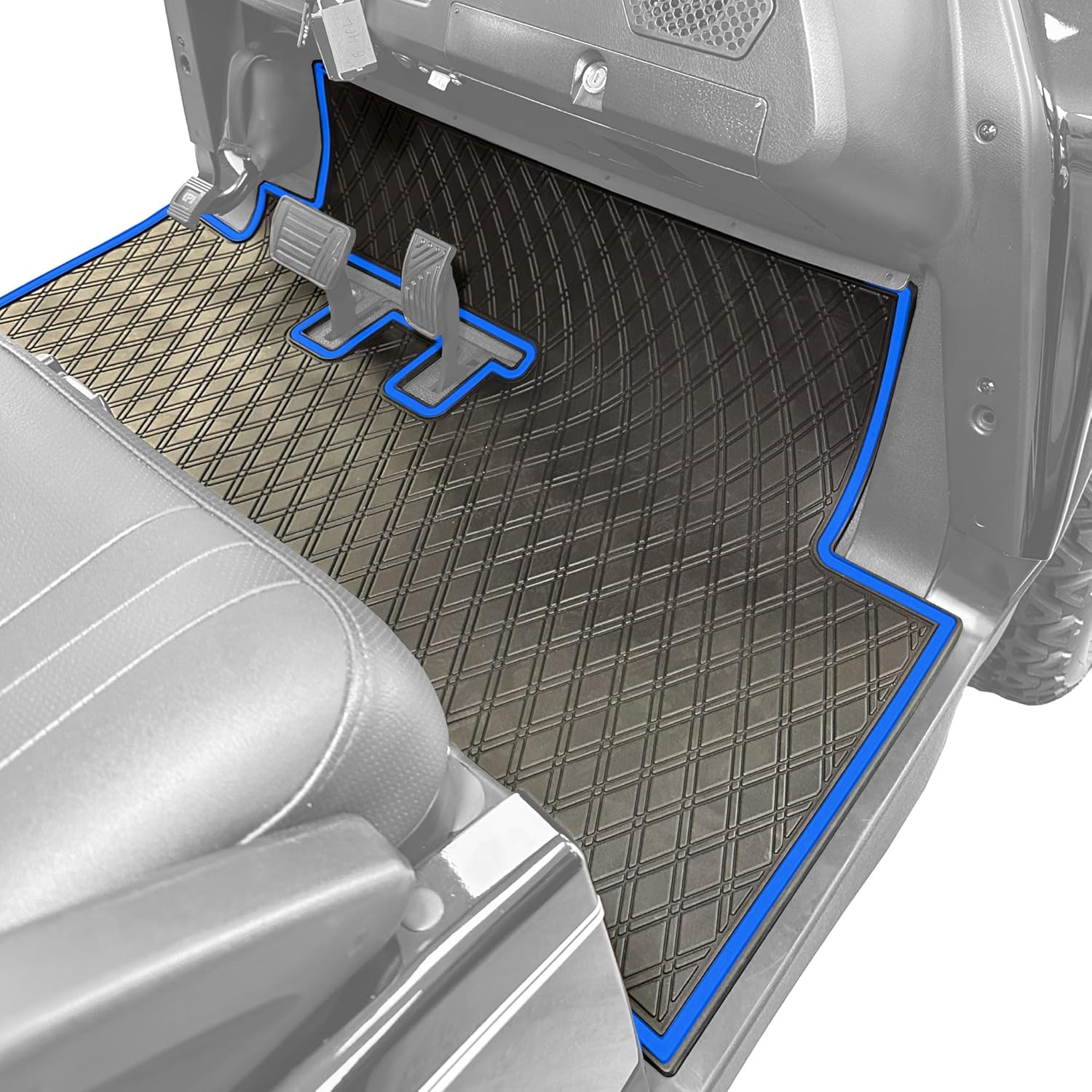 Xtreme Mats Rubber Golf Cart Mat for Bintelli Golfcars, Full Coverage Rubber Front Floor Liner Protects OEM Factory Flooring Compatible with Bintelli Beyond & Nexus (Blue Trim)