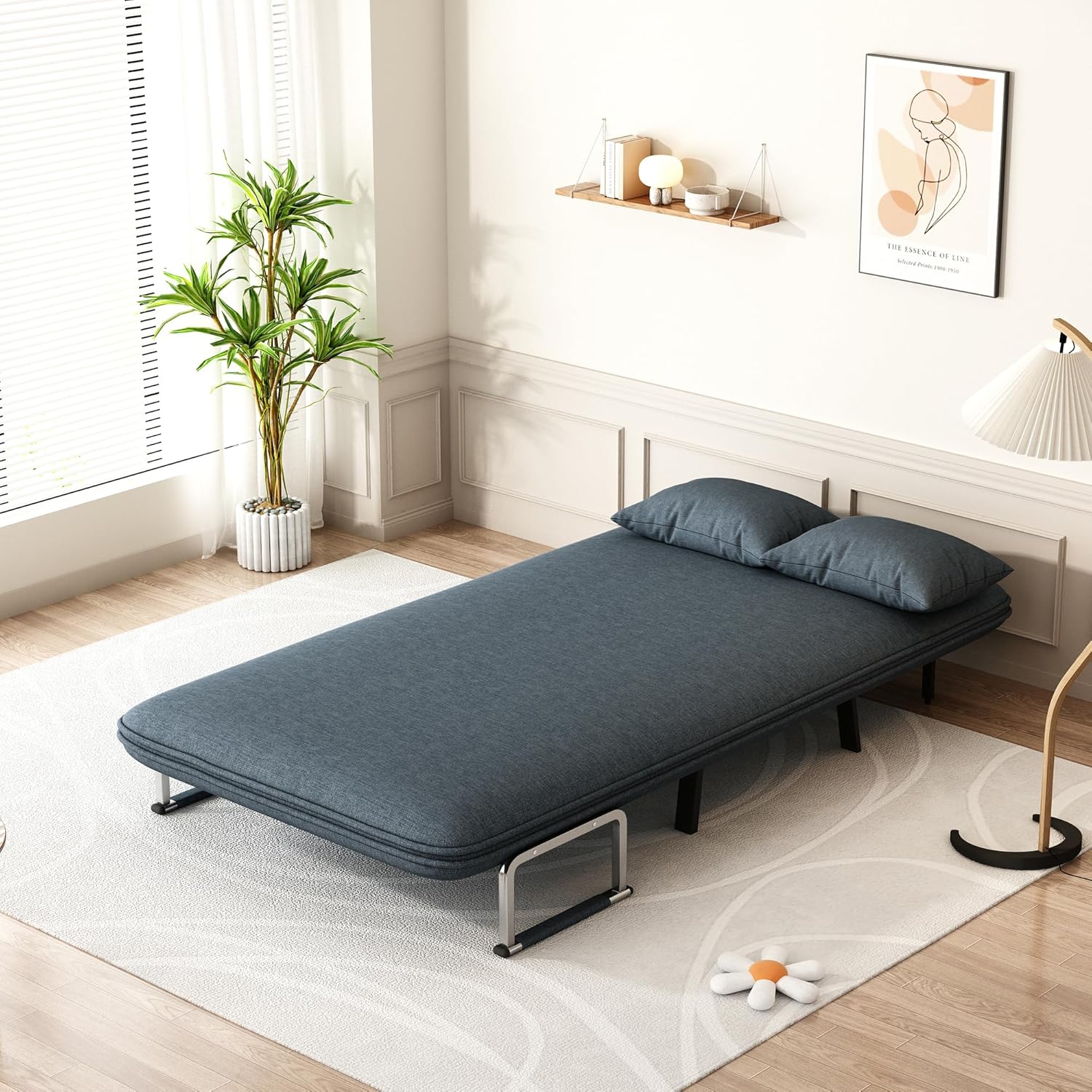 39" Modern Tri-Fold Chair Bed with 5-position Adjustable Backrest, 3 in 1 Convertible Sleeper Chair with 2 Soft Pillow, Comfort Chaise Lounge with Sturdy Frame for Living Room Office Studio, Blue Grey