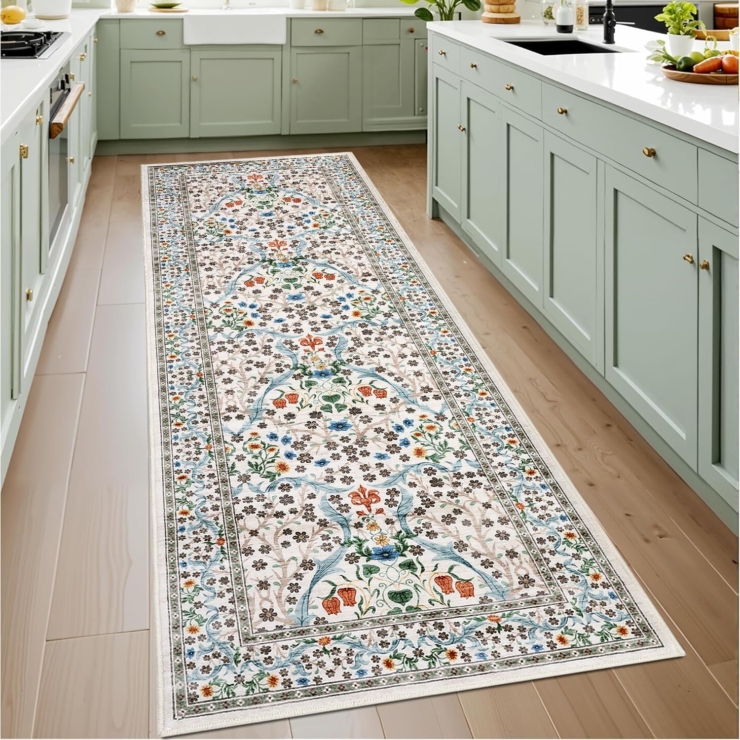 FairyStyle 60x180cm Runner Rug Floral Washable for Hallways Beige
