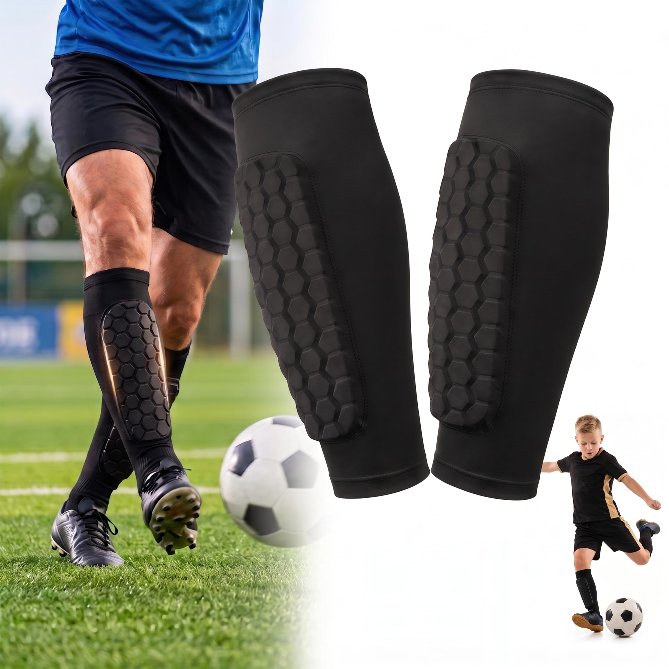 Football Shin Pads Guards, Honeycomb Compression Sleeve Football Shin Guards for Boys, Teenagers and Adults, Soccer Defender Pads with Superior Impact Absorption (Black A, S)