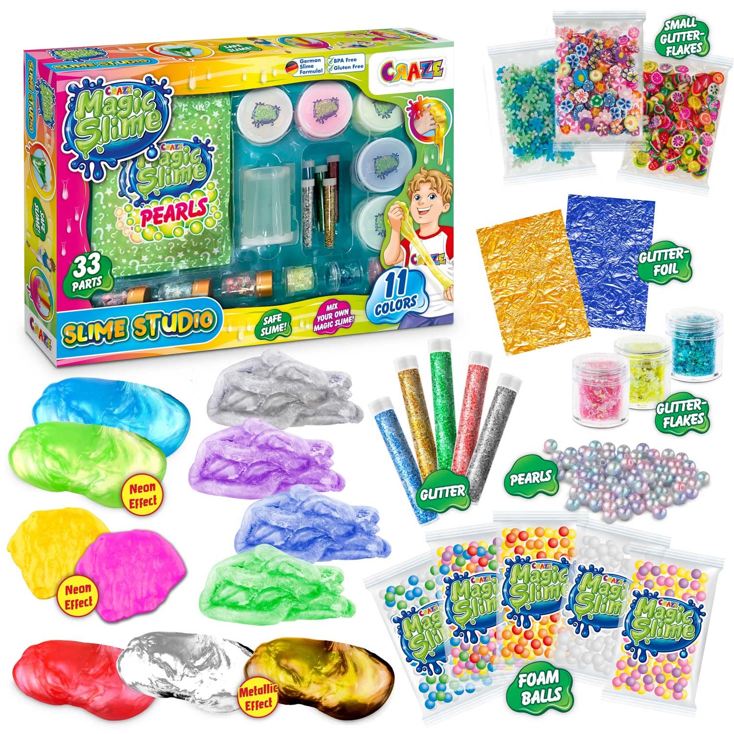 CRAZE Magic Slime Studio Schleim 32862 zestaw "zrób to sam" Slime Kit 11 kolorów z akcesoriami Fluffy Slime z perłami brokatowymi i efektami specjalnymi, 32862, kolorowy, 36,5 x 5,8 x 25,5 cm