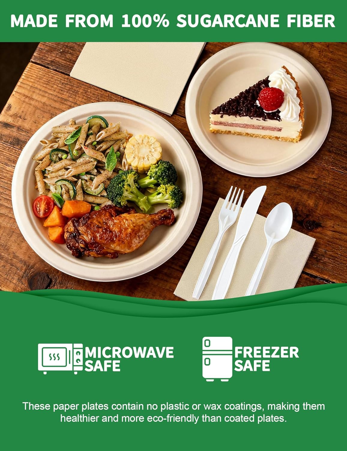 300 Pcs Compostable Dinnerware Set - Serves 50 Guests with Heavy Duty 9 & 7 Inch Plates, Napkins & Cutlery | Biodegradable Sugarcane Eco-Friendly Party Supplies for Birthday, Christmas, Holiday - Image 2