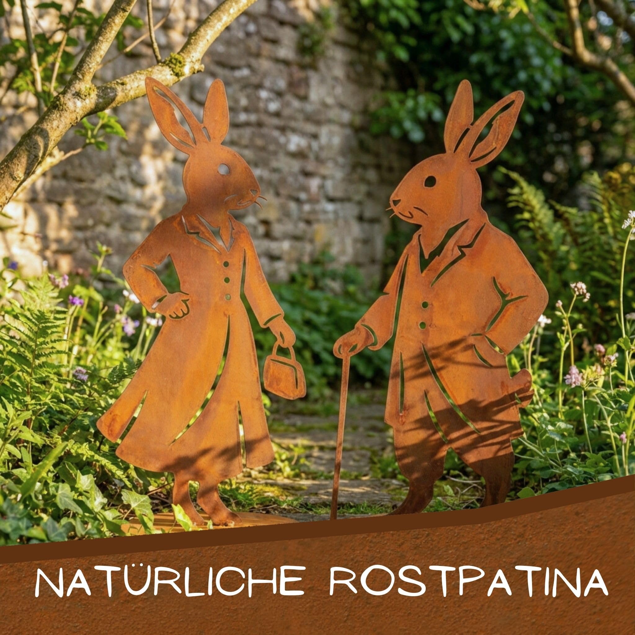 Rostikal Dekoratives Rost Hasenfiguren Set für Garten, Wohnbereich & Tischdeko – Osterdeko aus Metall mit Bodenplatte als stehende Hasen Dekofigur