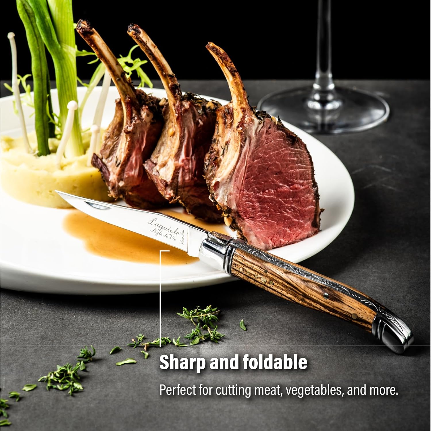 Laguiole Style de Vie pocket knife with sharpening steel, leather pouch and giftbox, zebranowood