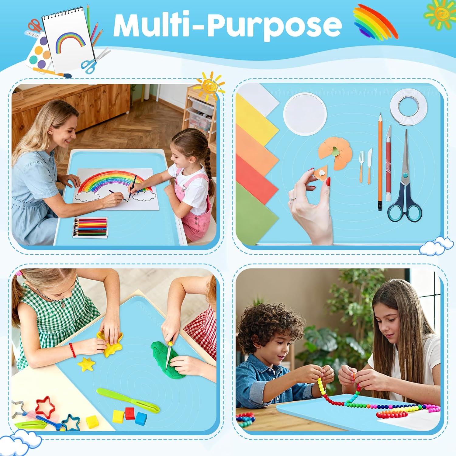 Silicone Art Mat for Crafts, Large 24x19.5 Inch Silicone Painting Mat & Craft Mat with Raised Edges for Artists, Jewelry Making, Playdough, Kids Activities,Blue