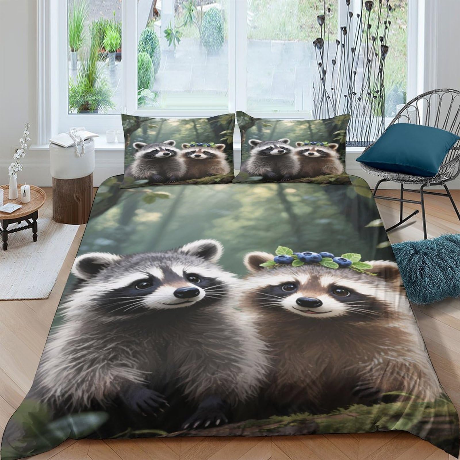 Ctjqhvkz Style-2 3D Printed Forest Raccoon Fitted Sheet Microfiber Soft Durable Woodland Animal Bed Cover For Bedroom Guest Room Decor Single（135X200cm）