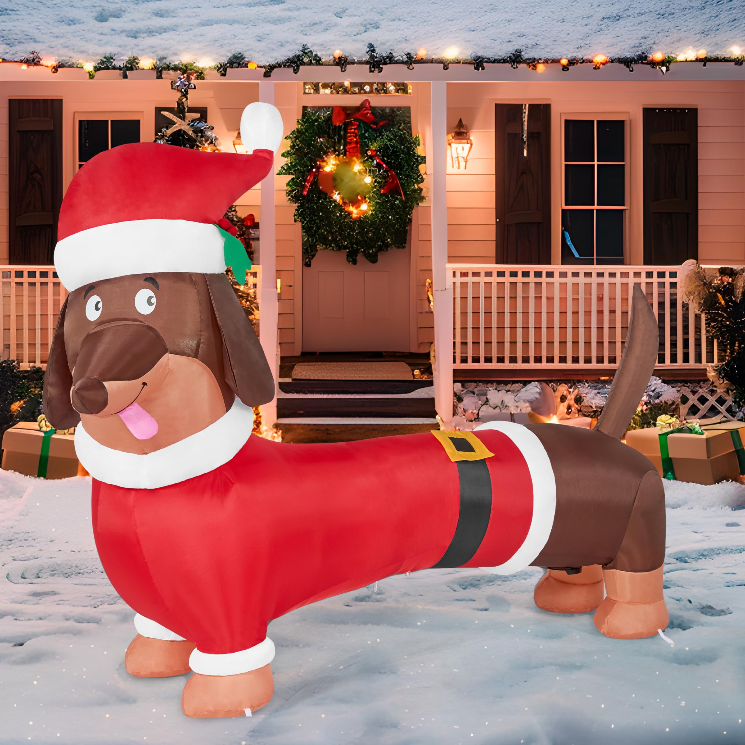 Joiedomi Decoración inflable de cachorro de Navidad de 5 pies con LED integrado, inflable de perro salchicha de Navidad, decoración de patio de perro salchicha inflable para Navidad, decoración de