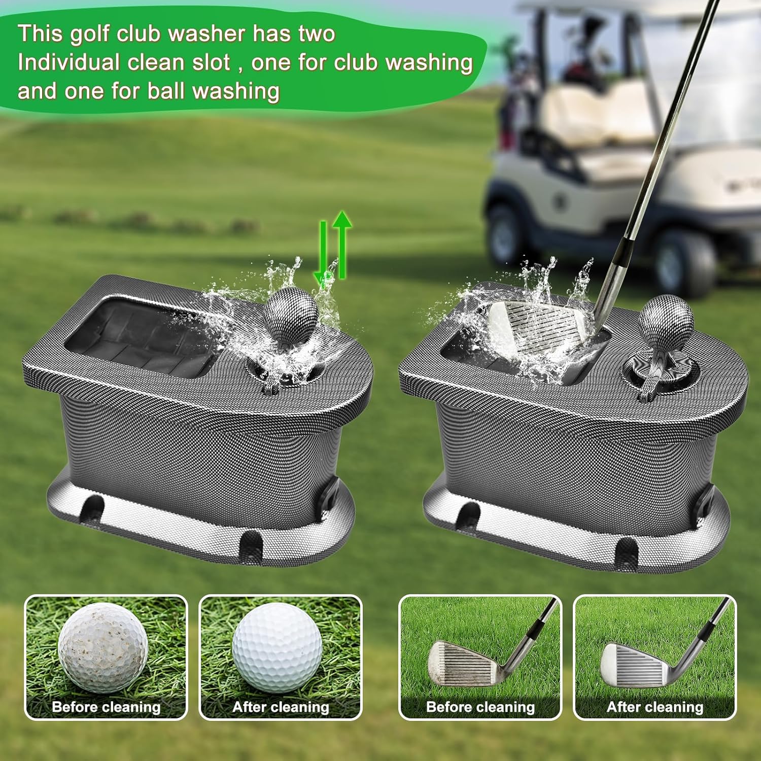 Golf Cart Ball Washer and Club Cleaner Kit for EZGO, Club Car, Yamaha, Advanced EV, Star EV, Universal & Detachable, Carbon Fiber Black