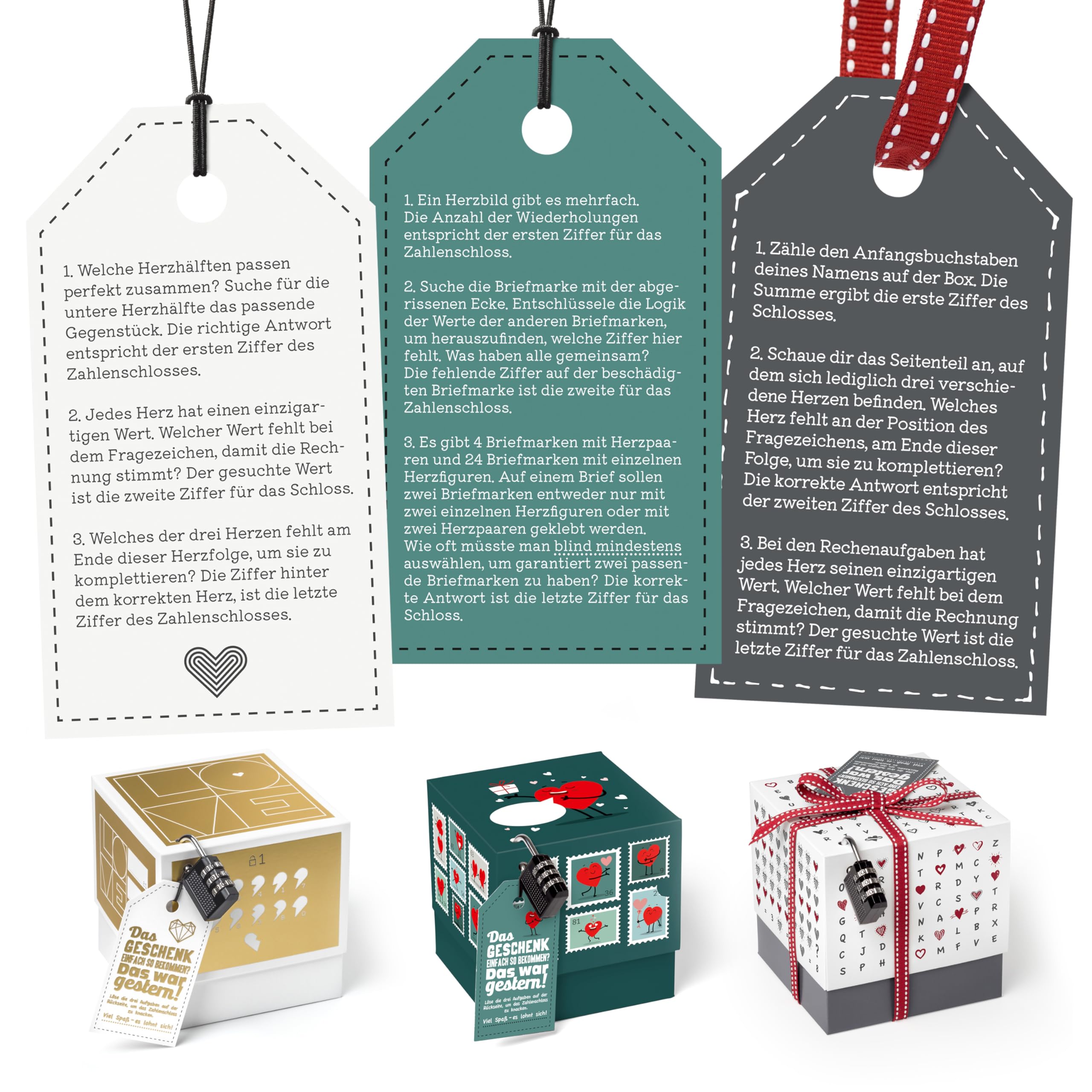 SURPRISA Geschenkboxen Set, 3er Pack Rätselboxen für Geldgeschenke & Gutscheine, Valentinstag, Jahrestag & Hochzeit, Briefmarkenrätsel, Herzrätsel & Liebesrätsel, Größe S (12cm)