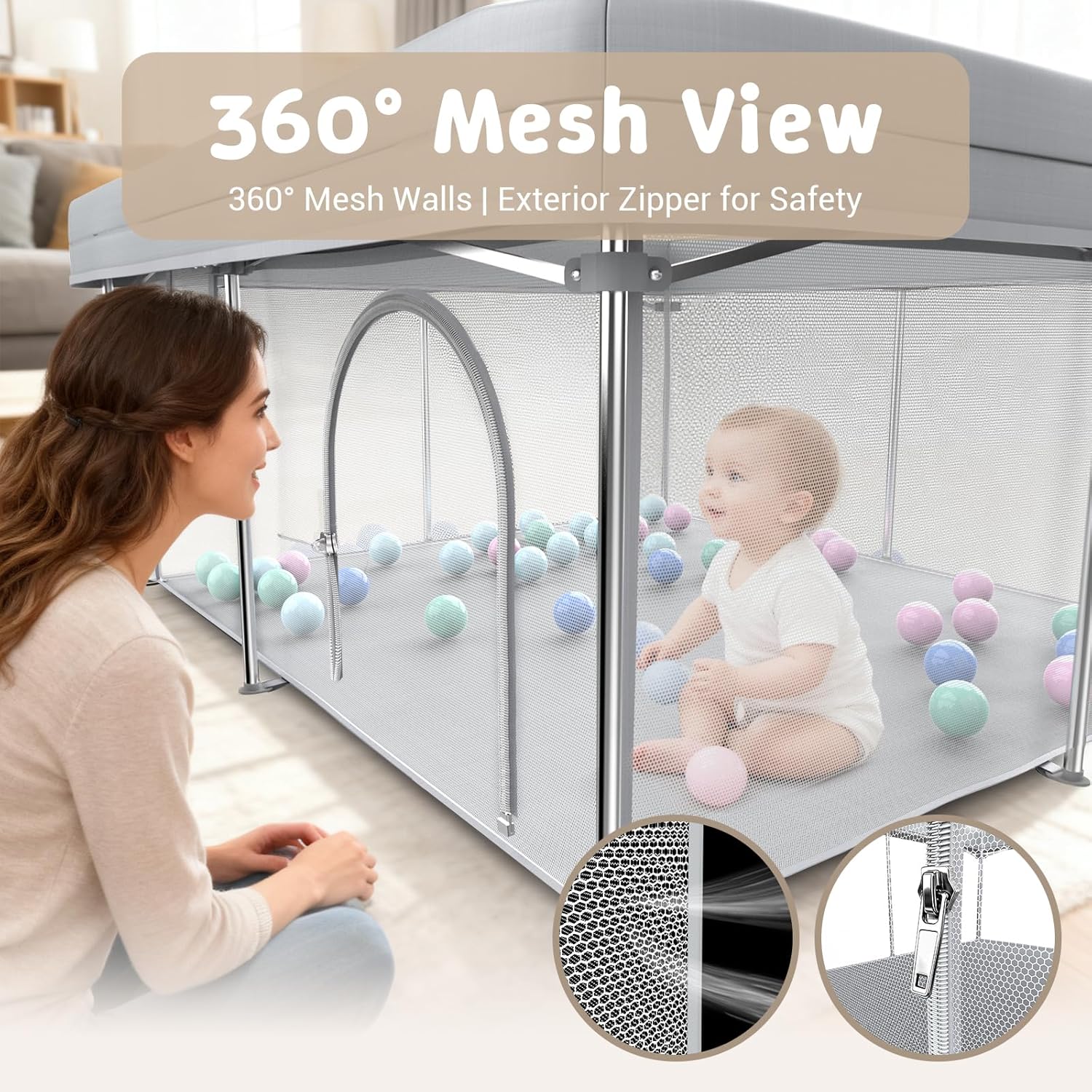 50x50 Baby Playpen with Mat, Foldable Playpen for Toddlers 1-3 Playard with 50 Balls & 4 Pull Rings, Sturdy Steel Frame & Oxford Fabric, Gift Box Included Gray
