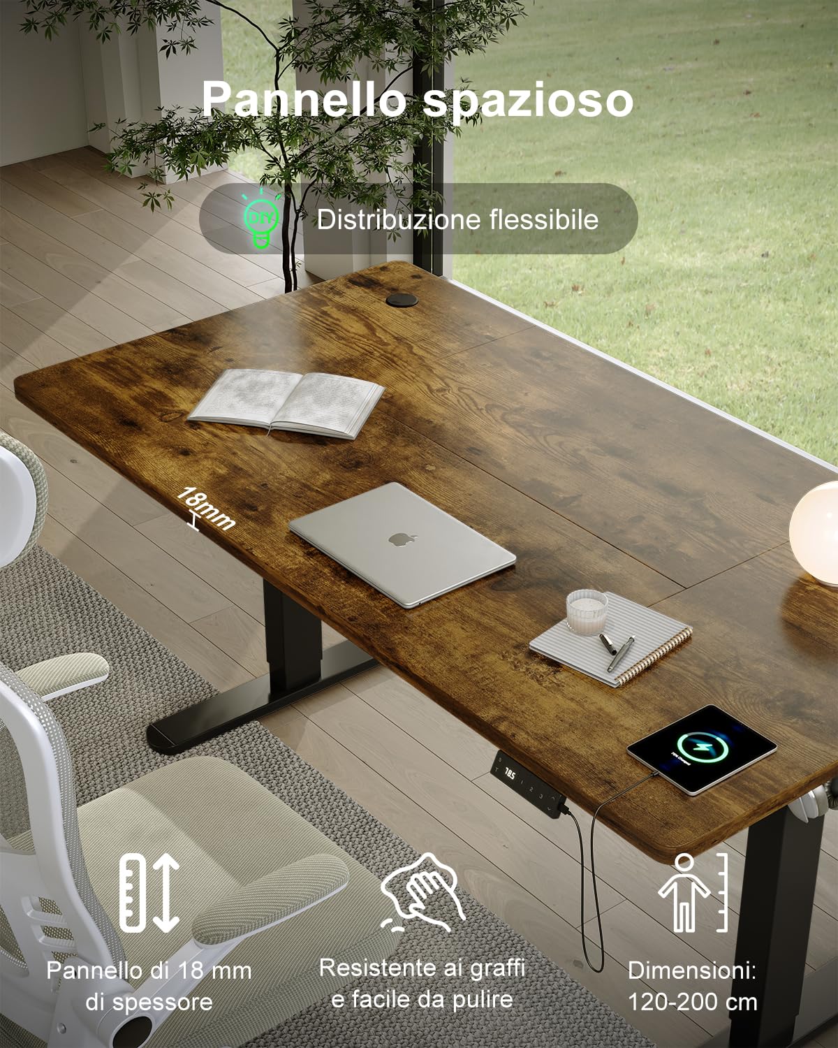 Devoko Scrivania Regolabile in Altezza 200x100 cm Marrone Ufficio con Ruote | Gestione cavi e Type-C, 4 livelli memoria, anticollisione, Regolazione fluida, silenziosa, ergonomica per ufficio e casa.