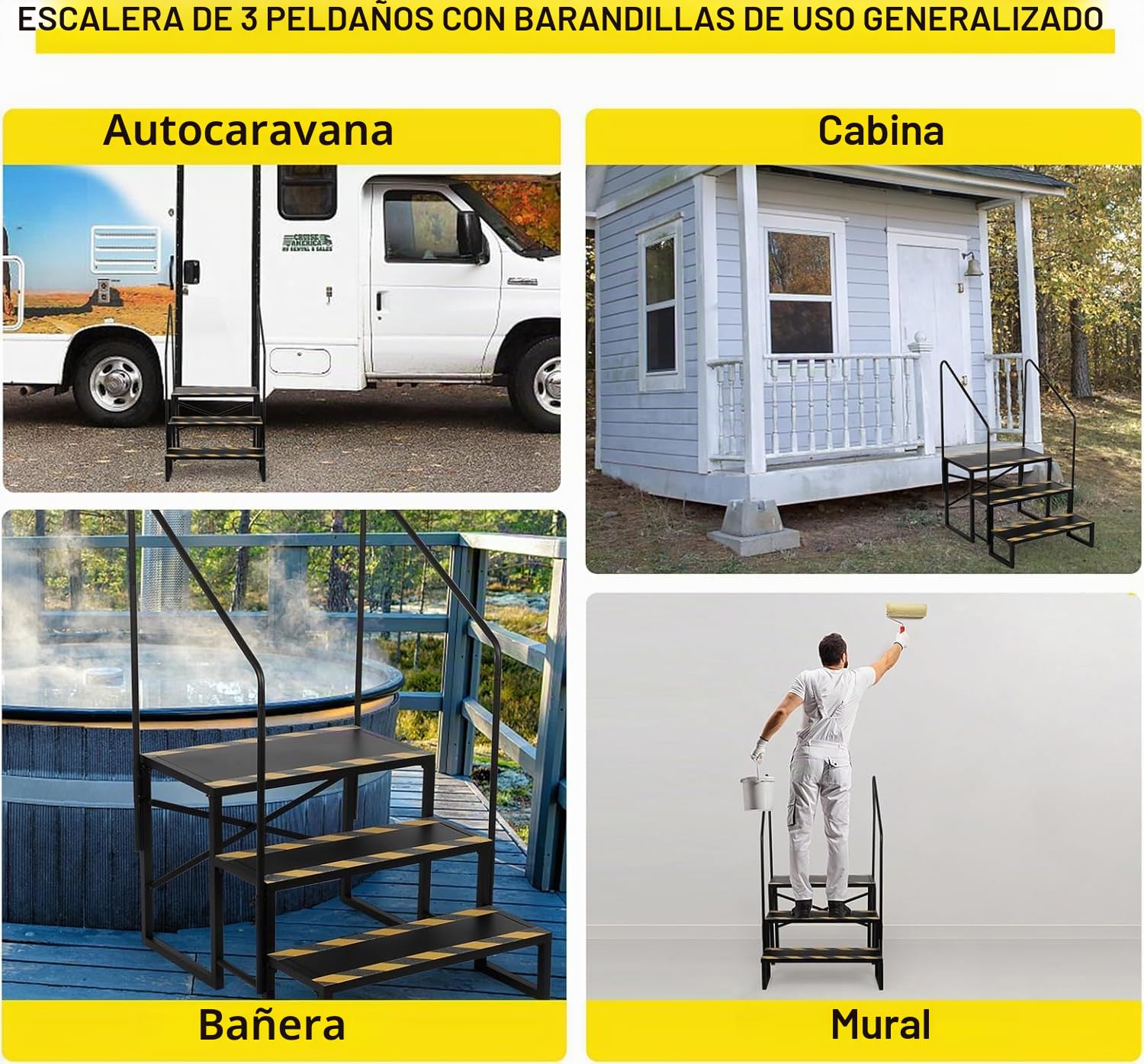 Escalera de 3 peldaños para autocaravana, capacidad de carga de 200 kg, con 2 pasamanos, taburete antideslizante, para remolques de viaje