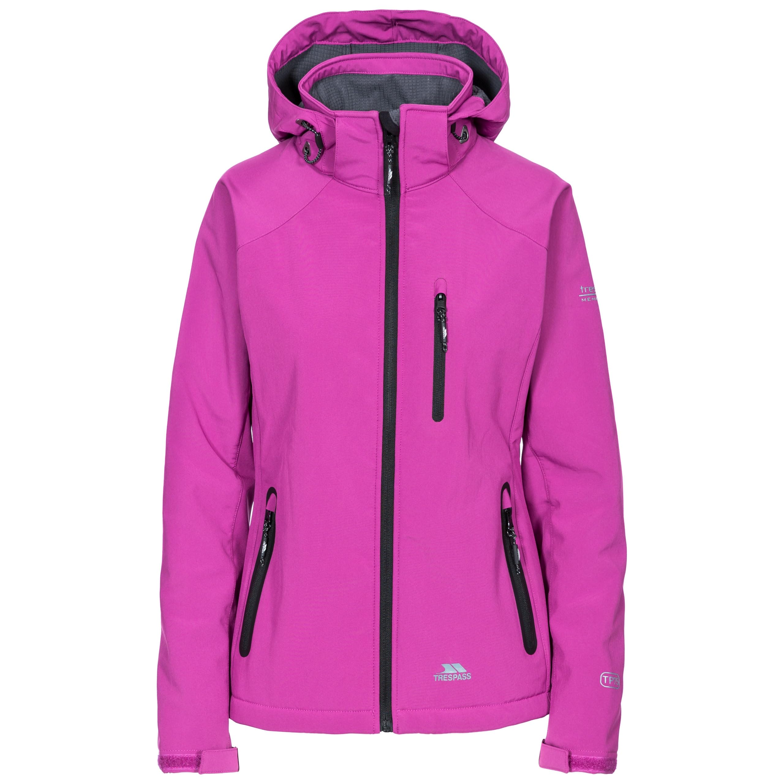 Trespass Womens Softshell Jacket Bela II - Waterproof: 8000mm, Breathable: 3000mvp, Windproof, 3 Low Profile Zip Pockets, Chin Guard, Contrast Zips, Adjustable Zip-Off Hood