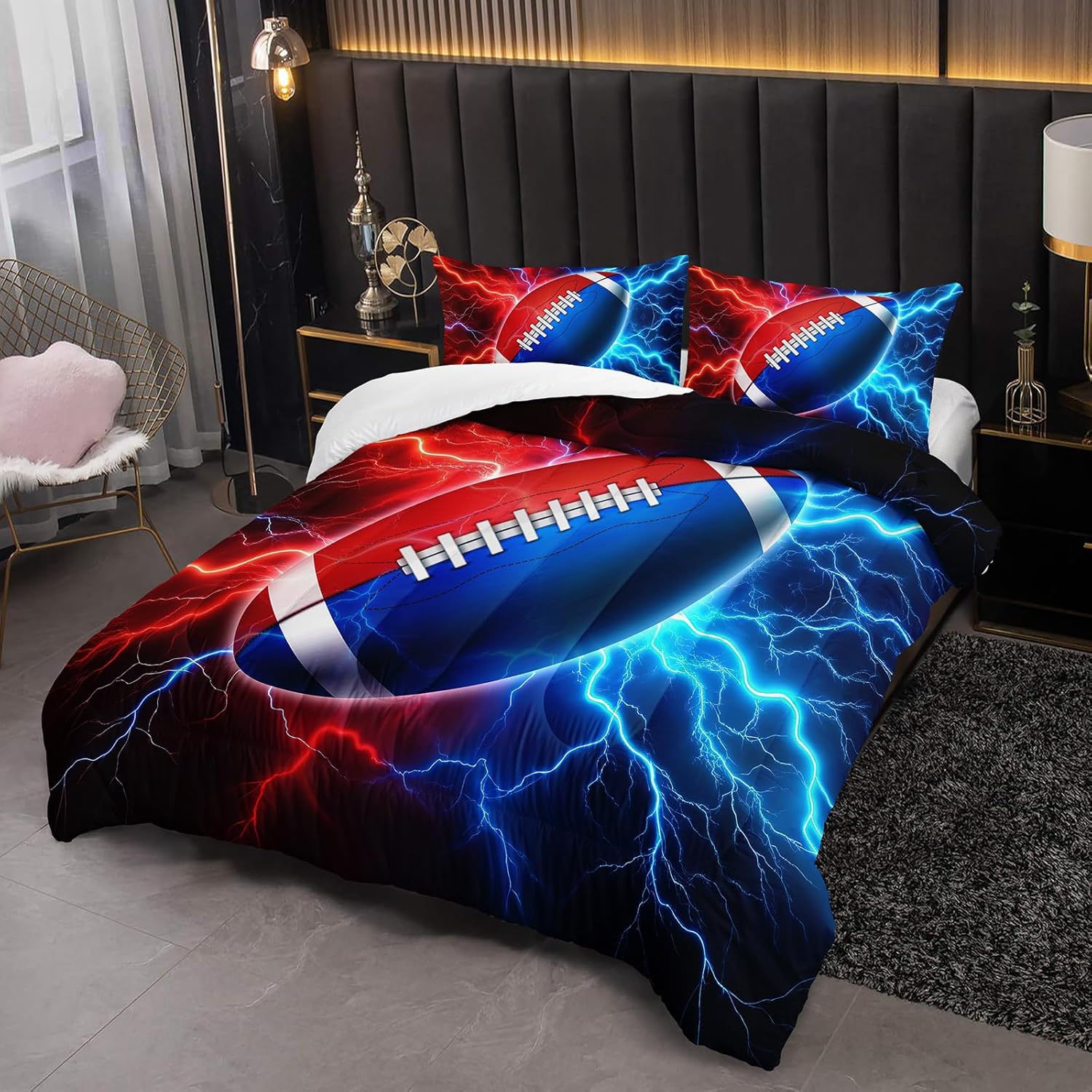 Rugby Comforter Set Queen Size, Red and Blue Flash Rugby Comforter Set for Kids Boys Girls, Sports Quilt Set Bedroom Bedclothes, 3D Sport Themed Bedding Set All Season