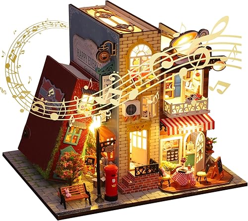 Kit de casa de muñecas en miniatura, kit de rincón de libro, modelo de casa pequeña con caja de música LED, rompecabezas de madera 3D para adultos,