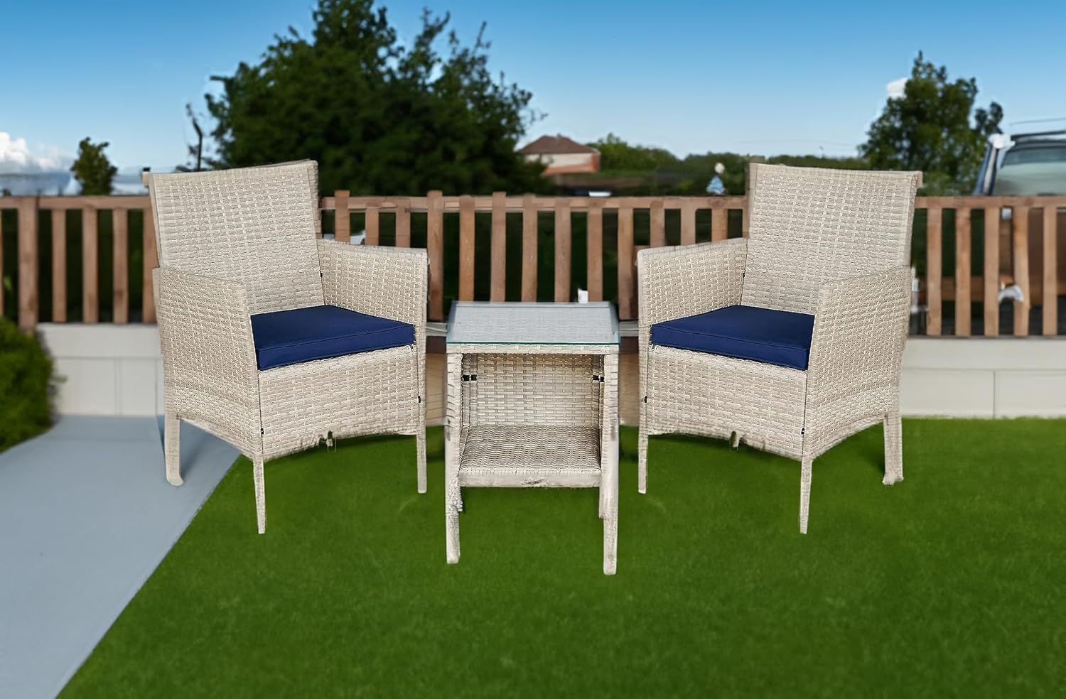 BTEXPERT Outdoor Wicker Conversation 3 Piece Bistro Set Garden Patio Yard Porch Furniture Space Saving Pe Rattan 2 Chairs Cushions Side Storage Glass Table Stone Gray/Navy Blue 3pc