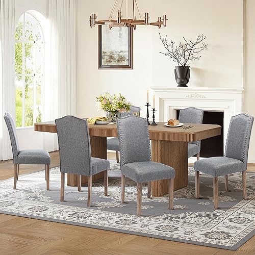 Miniatura 6 de Silla de comedor tapizada elegante Parsons para cocina con ribete plateado de cabeza de clavo y patas de madera, paquete de 4, tela gris clásico