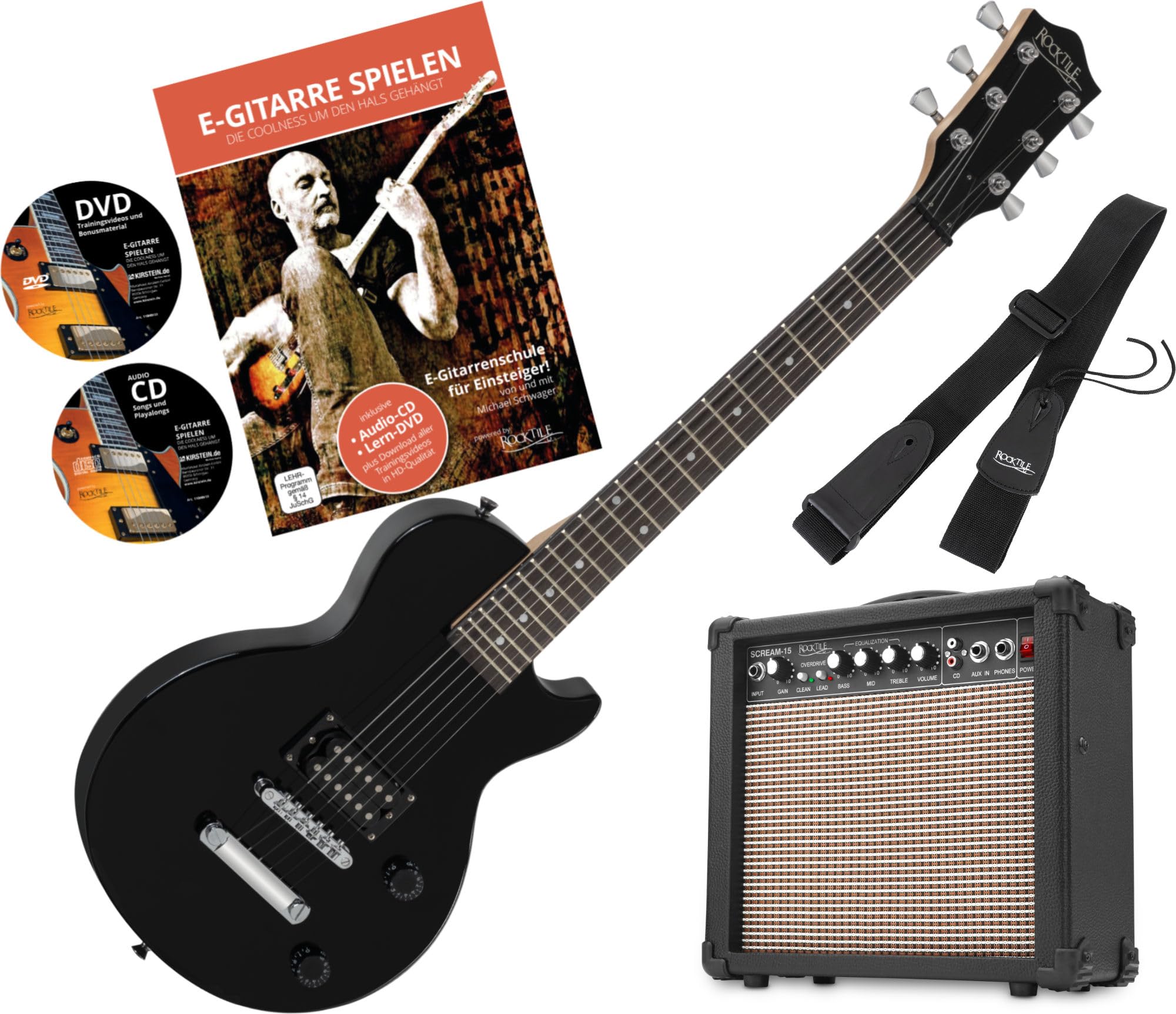 Rocktile L-50B Junior 3/4 Mensur SET (E-Gitarre für Kinder von 6-12 Jahren, Verstärker, Gurt, Kabel) schwarz