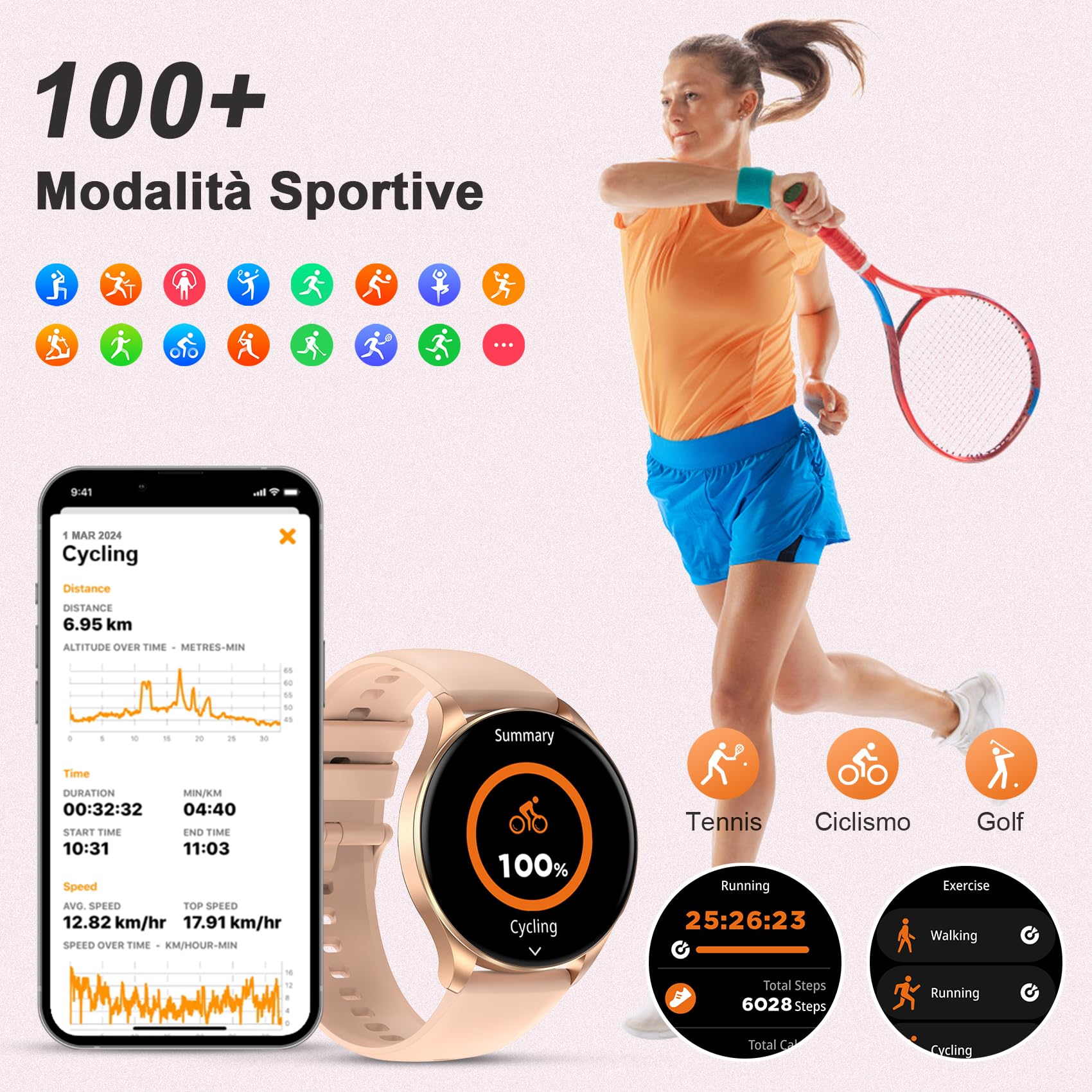 Orologio smartwatch Uomo Donna (Rispondere/Fare Chiamate) ，1.43” Schermo HD AMOLED, 24H Sonno Cardiofrequenzimetro, IP68 Impermeabilecon 130+ Modalità Sportive smart watch per Android IOS