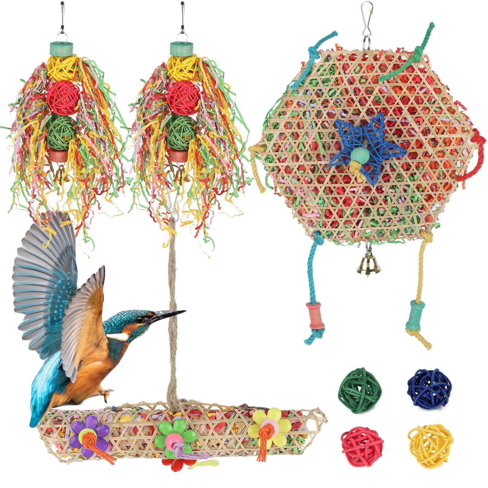 Generisch 8 STK. Papageienkäfig-Spielzeug aus Naturmaterial, Papageien-Rattanball- und Luffa-Spielzeug, Knabber-Spielzeug für kleine Vögel, für Käfig und tägliche Beschäftigung