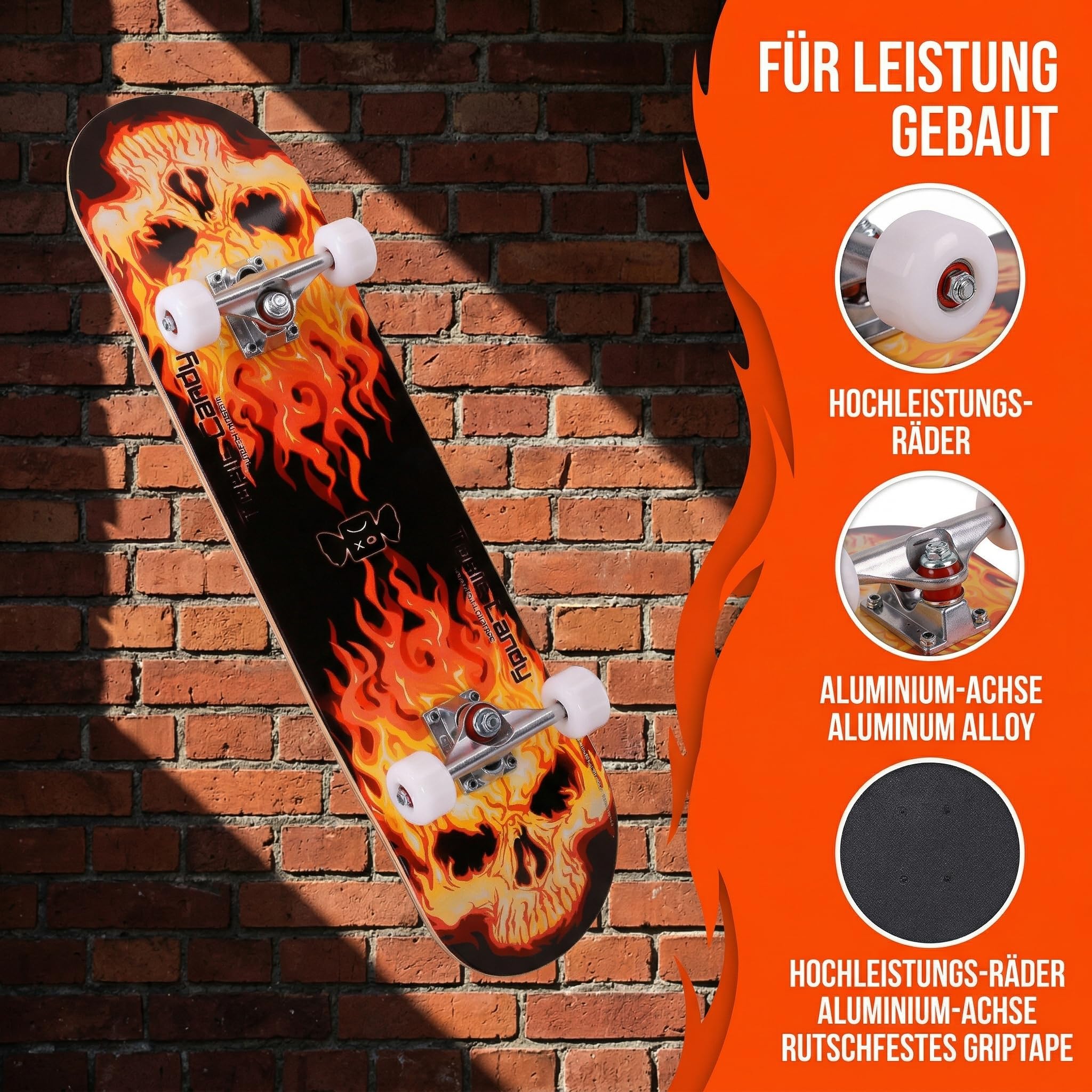 Skateboard Professionnel Double Kick,81 cm en érable, roulements ABEC-7, Roues en PU 95A, Design Graphique personnalisé (81cm, Feu Rouge)