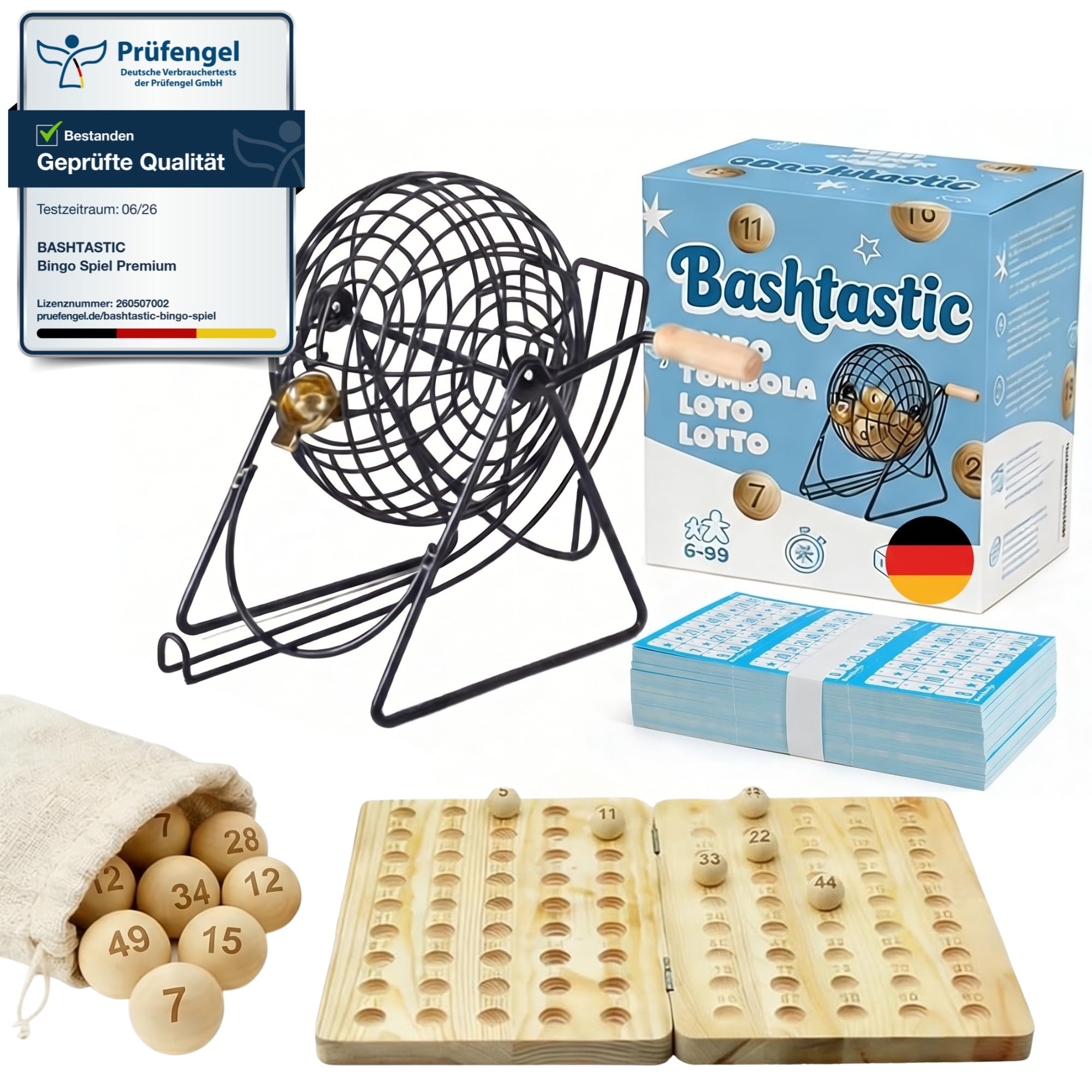 Bingo Spiel – Bingo mit Metalltrommel, 102 Wiederverwendbare Bingo Karten, Spielbrett aus Holz und 90 lasergravierte Holzkugeln. Bingosets – bereit für Familienspaß!