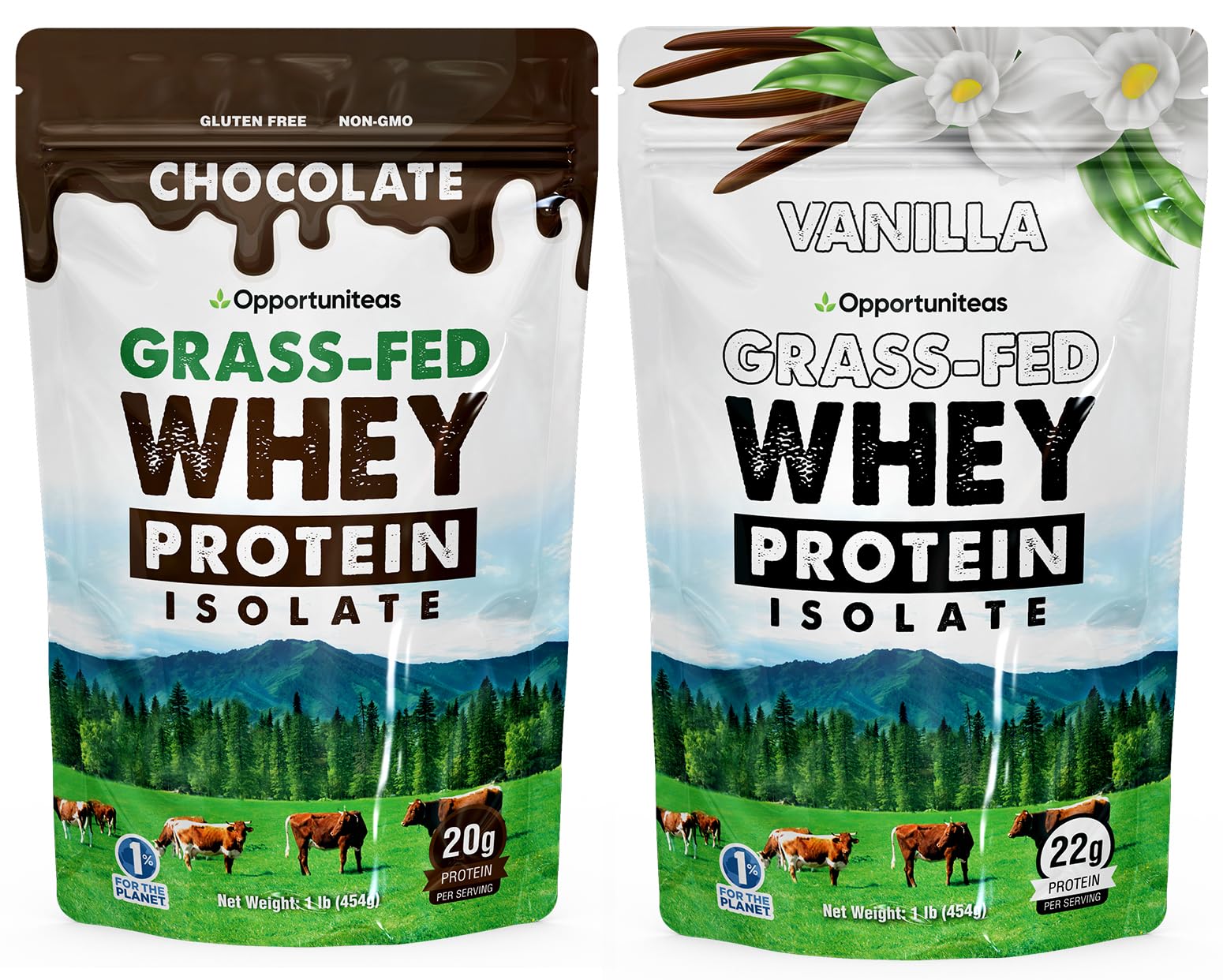 Opportuniteas Grass Fed Chocolate & Vanilla Whey Protein Isolate Powder - Protein Powder Without Artificial Sweeteners, Hormone-Free Cows, Non GMO - 2X 1lb Bund