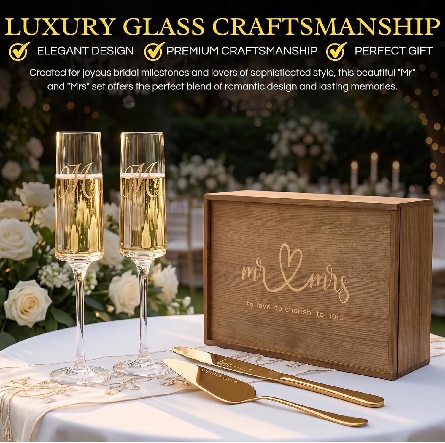 Bridal Wedding Champagne Toasting Flutes, & Cake Pie Knife & Server Set with Wood Memory Box, Crystal for Mr & Mrs Wedding Gift Bridal Shower Anniversary Engagement Valentines Day Gifts Couple - Gold image 3