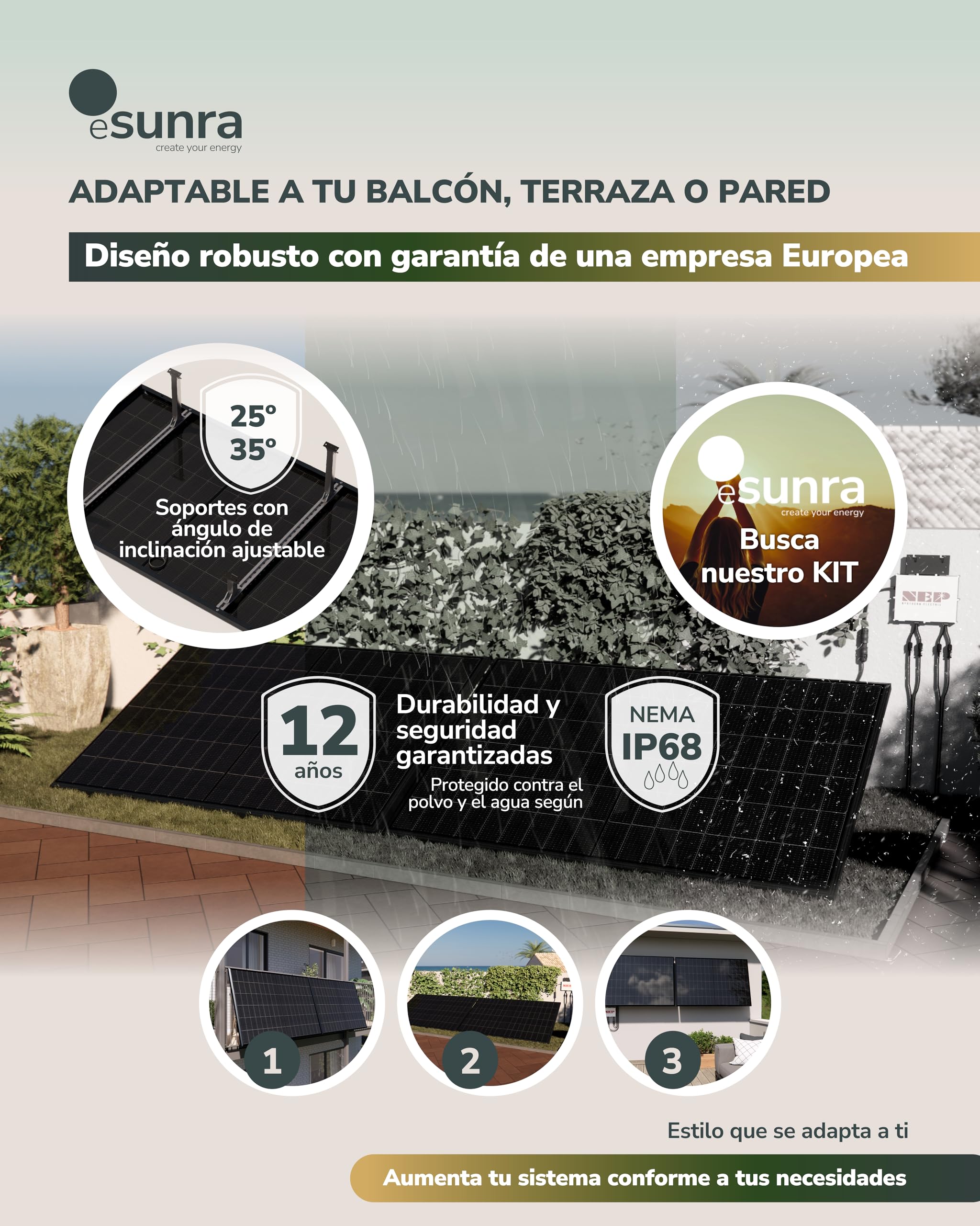 Kit Solar balcón 800W - Plug and Play - 2 paneles solares bifaciales 430W - ALL BLACK - TOPCon - Microinversor NEP BDM800W - Cable de 5 m - App de monitorización