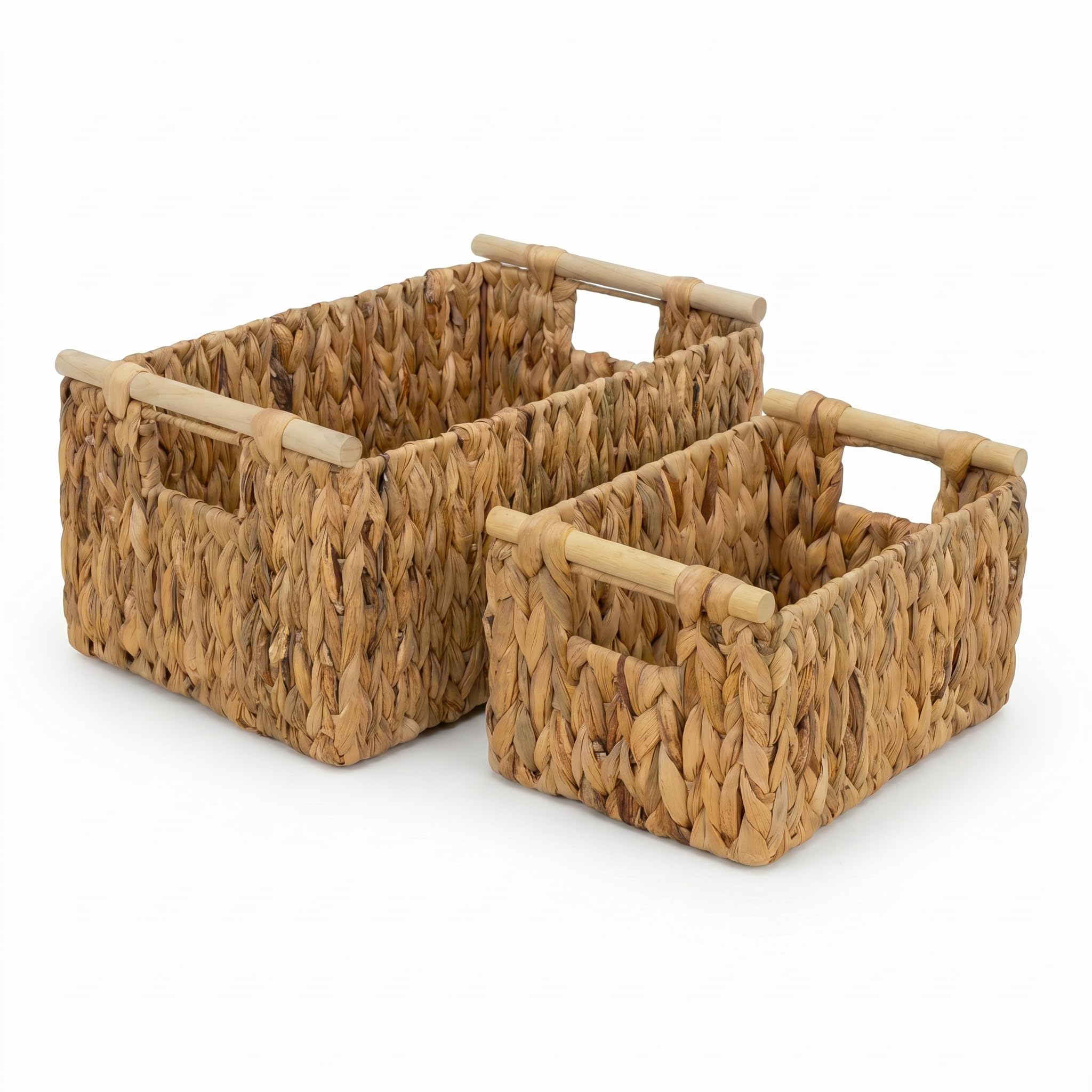 Woven Storage Baskets Set of 2, Water Hyacinth Wicker Shlef Baskets with Wooden Handle, Rustic Minimalist Organizer for Kitchen Closet Bedroom Pantry Organizing