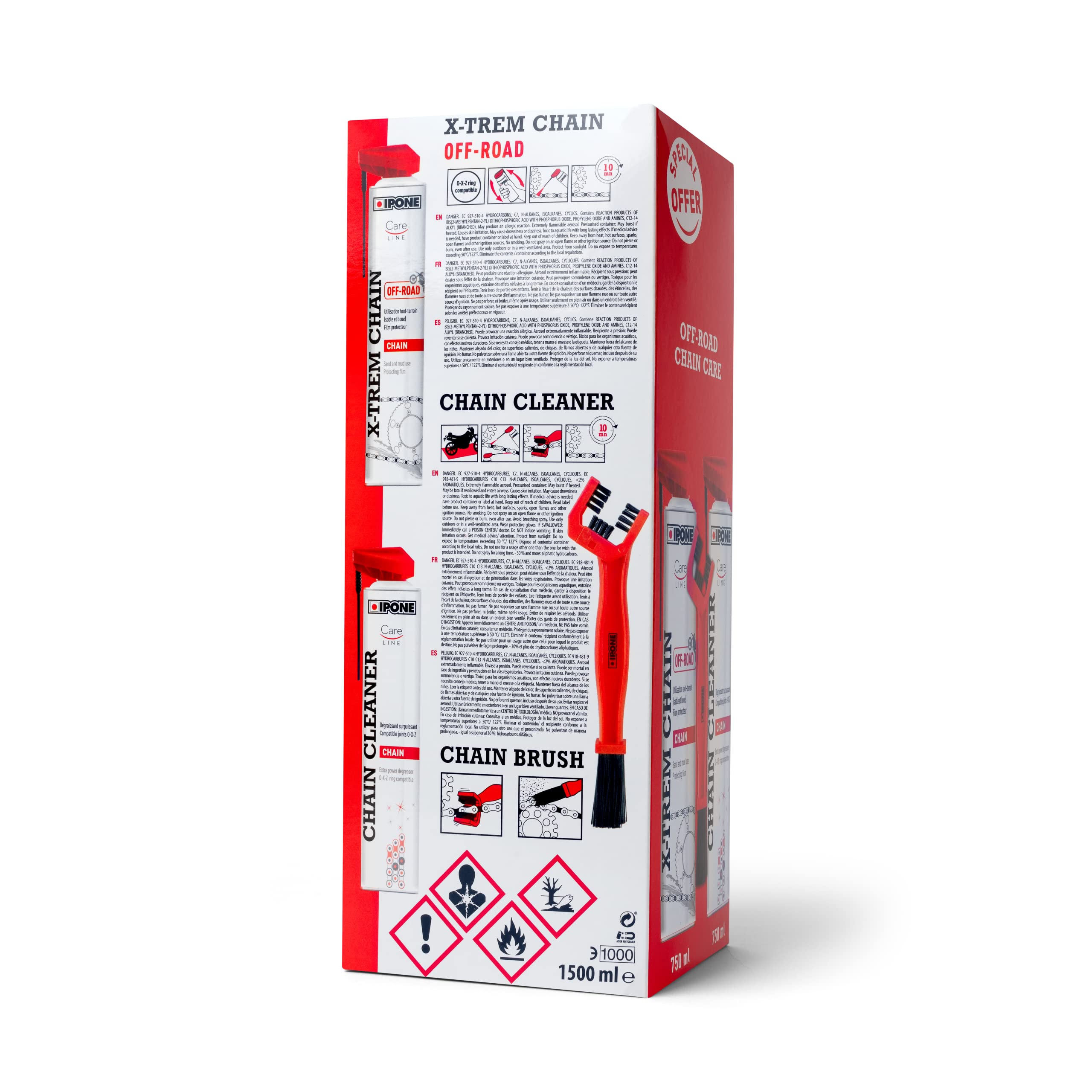 IPONE - Reinigungsset für Geländemotorräder - Chain Cleaner 750ml + X-Trem Chain Off-Road 750ml + Kettenbürste | Universell einsetzbar