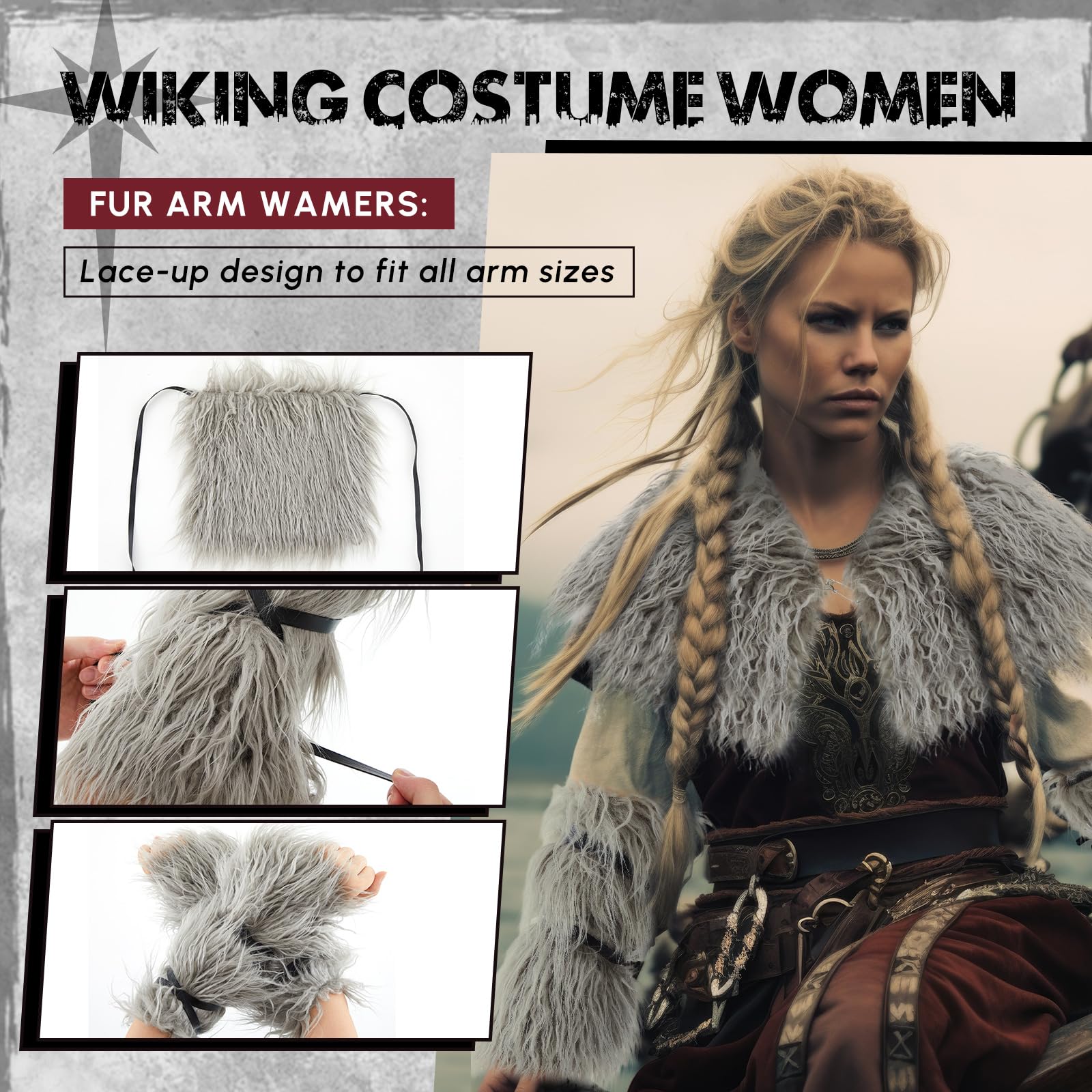 Geyoga 3 Pcs Women Viking Costume Faux Woolen Fur Collar Shawl Cuffs Medieval Outfit Accessories for Halloween Cosplay(Gray) - Image 4
