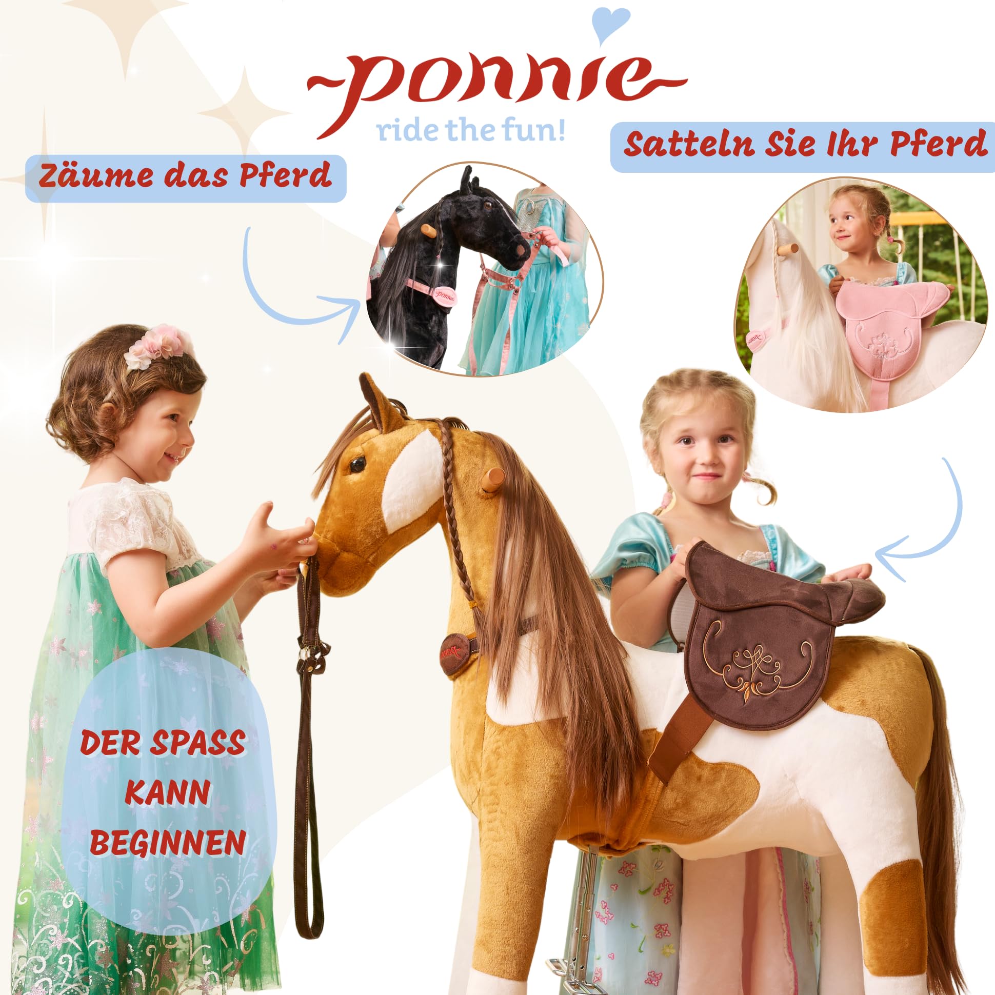 PONNIE Cavallo Giocattolo Misty M con Ruote per Bambini 5-12 Anni (50 kg) – Cavallo Cavalcabile Senza Batterie – Altezza 107 cm – Sella Rimovibile – Criniera e Coda Pettinabili