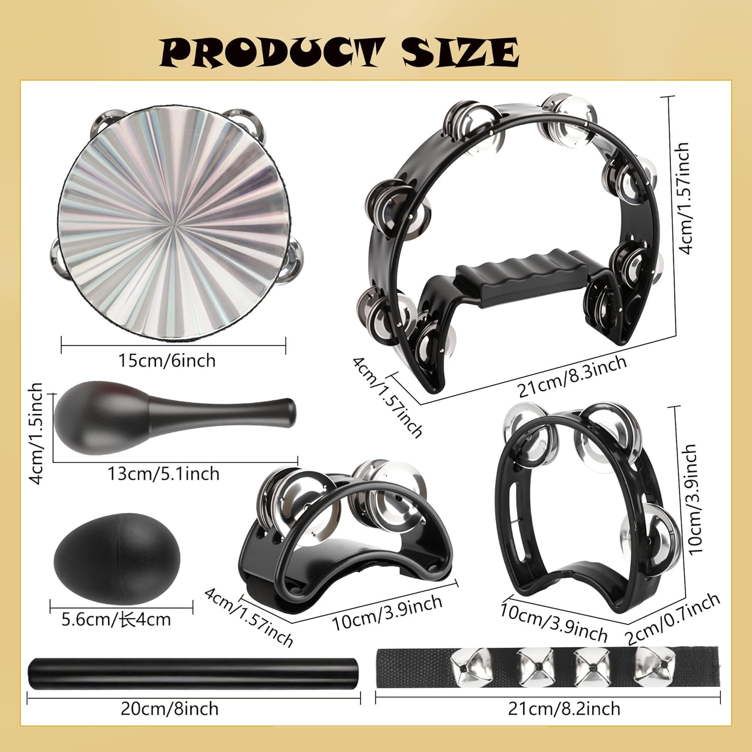 12 Pcs Tambourines for Adults Half Moon Tambourine Handheld with Foot Tambourine Wood Rhythm Sticks and Wrist Bells Egg Shakers Maracas Hand Percussion Instrument Set for Party
