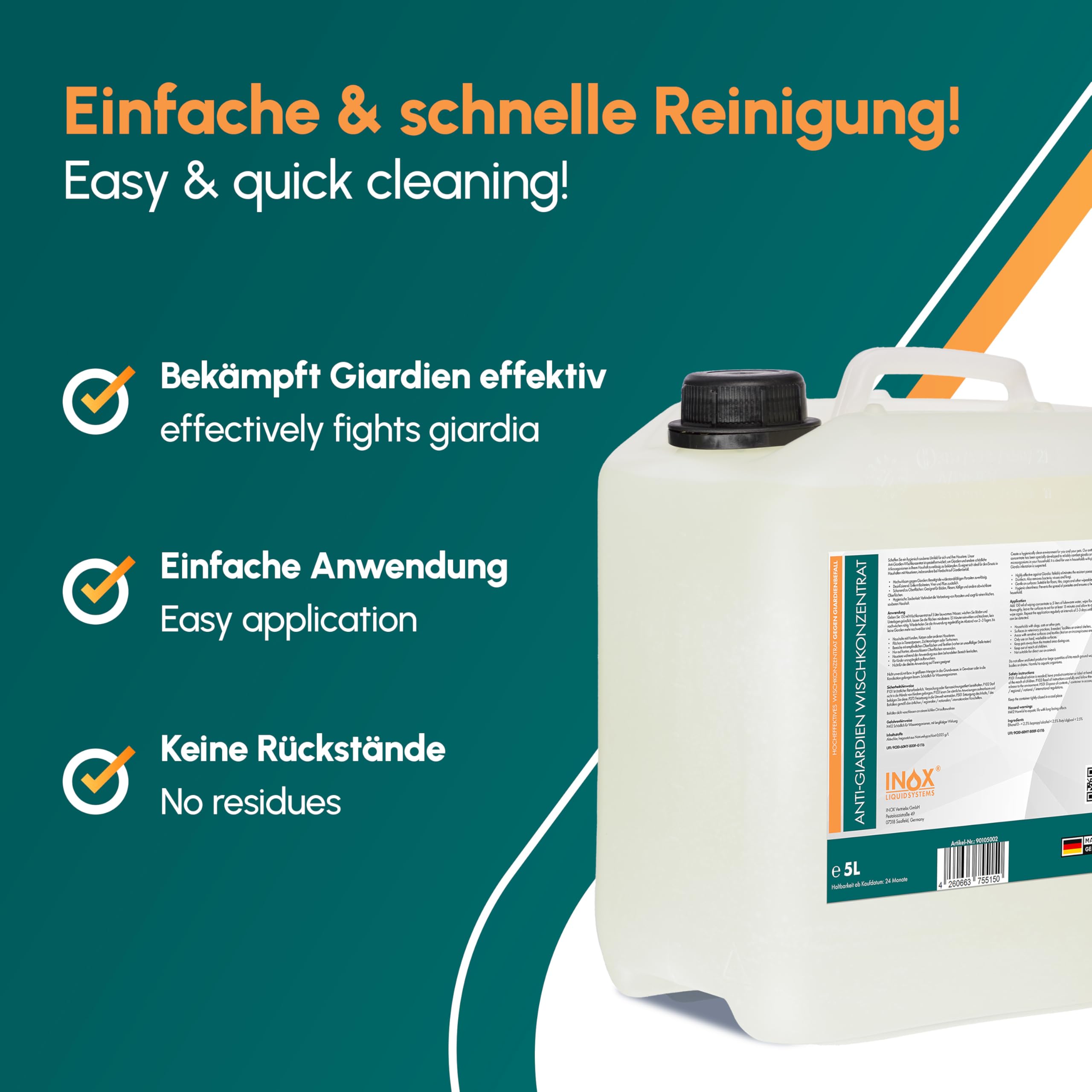 INOX Hocheffektives Giardien Desinfektionsmittel 4x5L I Anti-Giardien Wischkonzentrat für alle Oberflächen I Wirksames Desinfektionsmittel für Giardien für den Haushalt