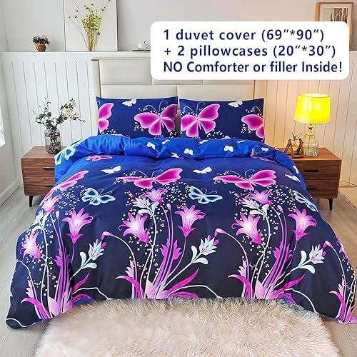 Miniatura 2 de SDY Juego de funda de edredón de 3 piezas, diseño de mariposa azul, tamaño individual, juego de cama reversible kawaii, hermosa funda de edredón de