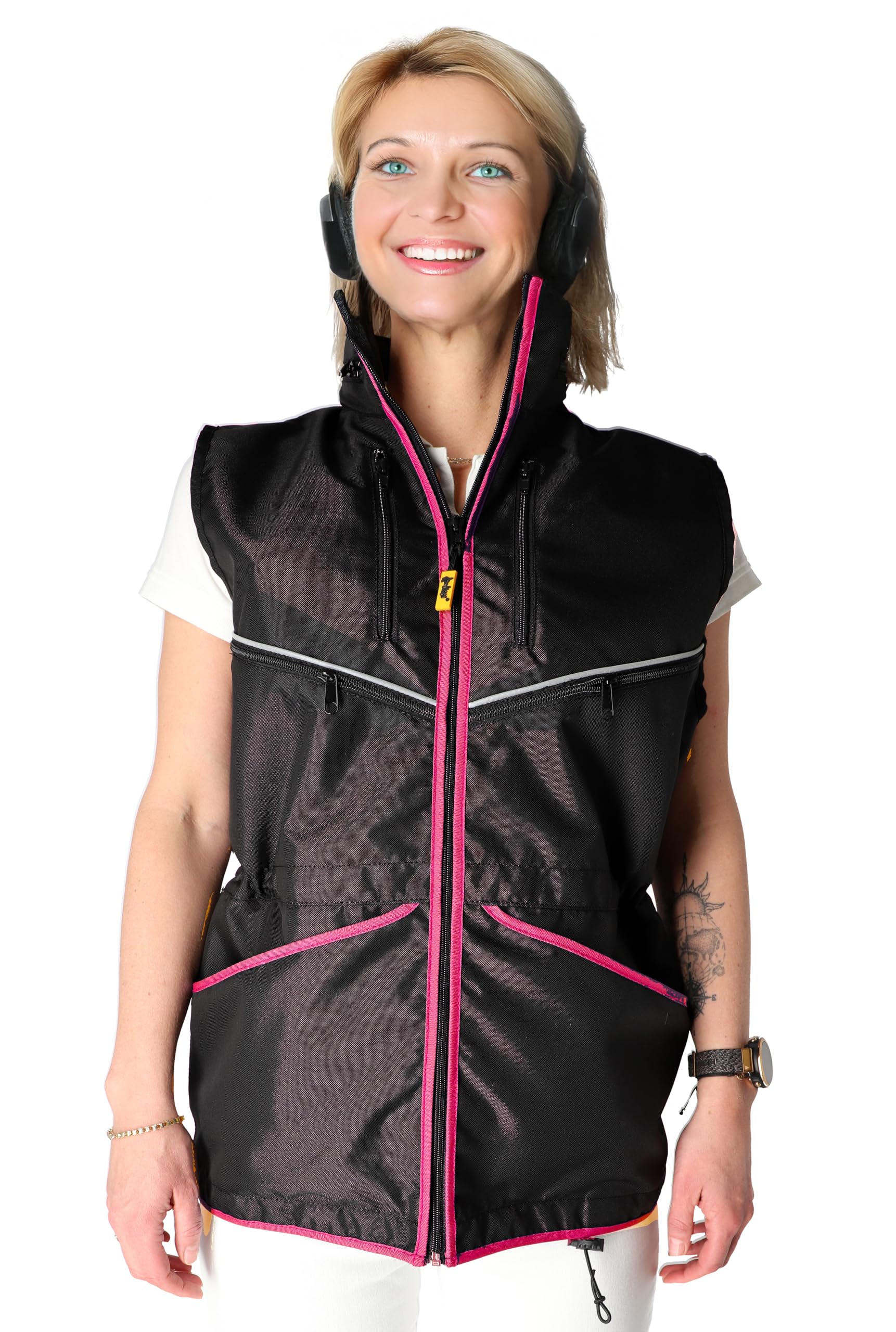 Dingo Waldemar Rutkowski Gilet Dog Trainer avec Deux Poches Zippées, 2 Poches Ouvertes, Capuche, Ajustable, Imperméable, Noir avec Liseré Bleu – Taille M (16426)