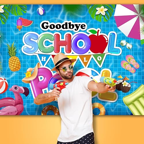 Miniatura 7 de Goodbye School Hello Pool Backdrop, 84 x 60 pulgadas  Fondo de fiesta en la piscina, telón de fondo escolar para el verano, telón de fondo de verano