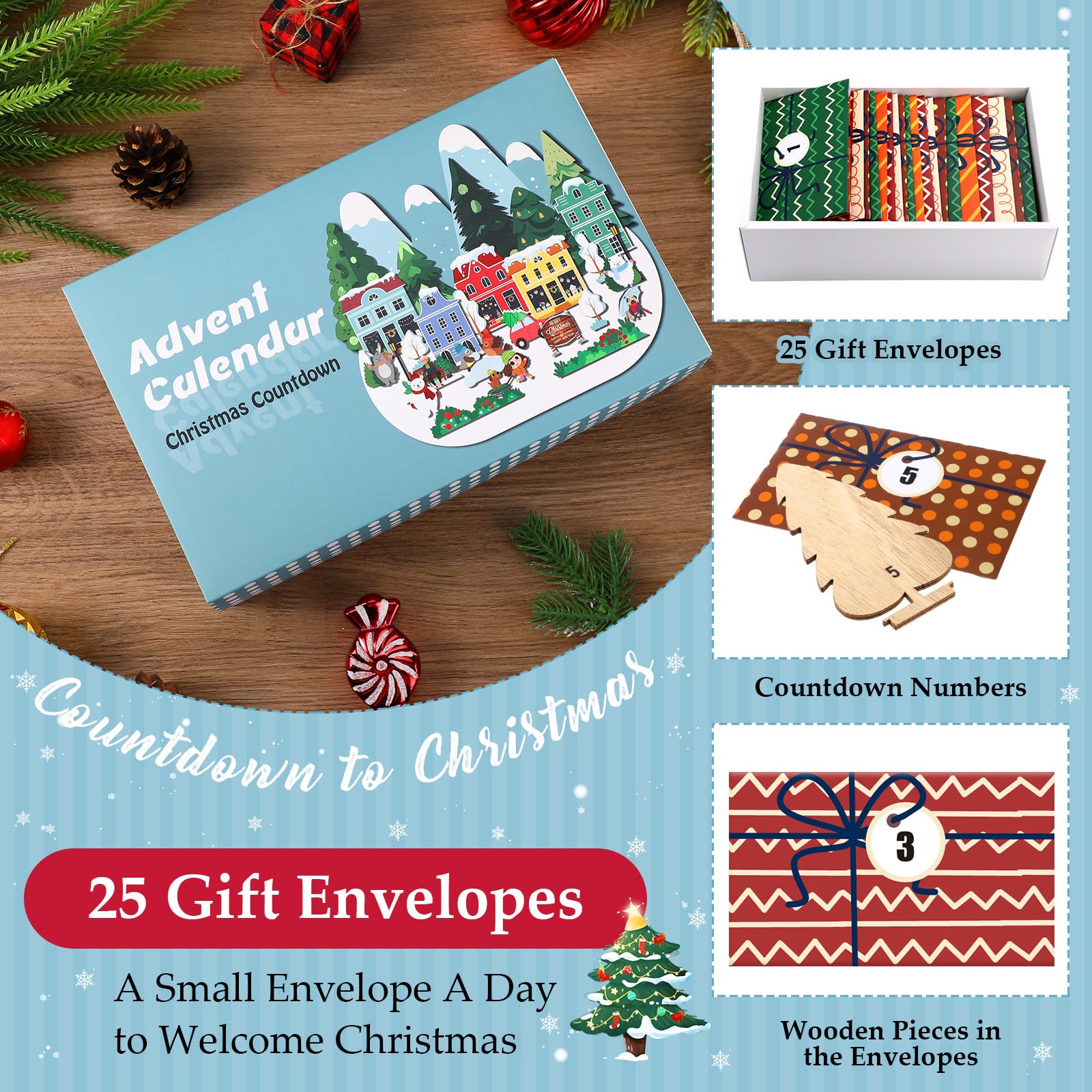 Colingmill Adventskalender aus Holz, Weihnachts-Countdown-Geschenk-Set mit 25 Geschenkumschlägen für Tisch Fenster Dekor Regale Tisch Mittelstücke Dekoration (Weihnachtsdorf)
