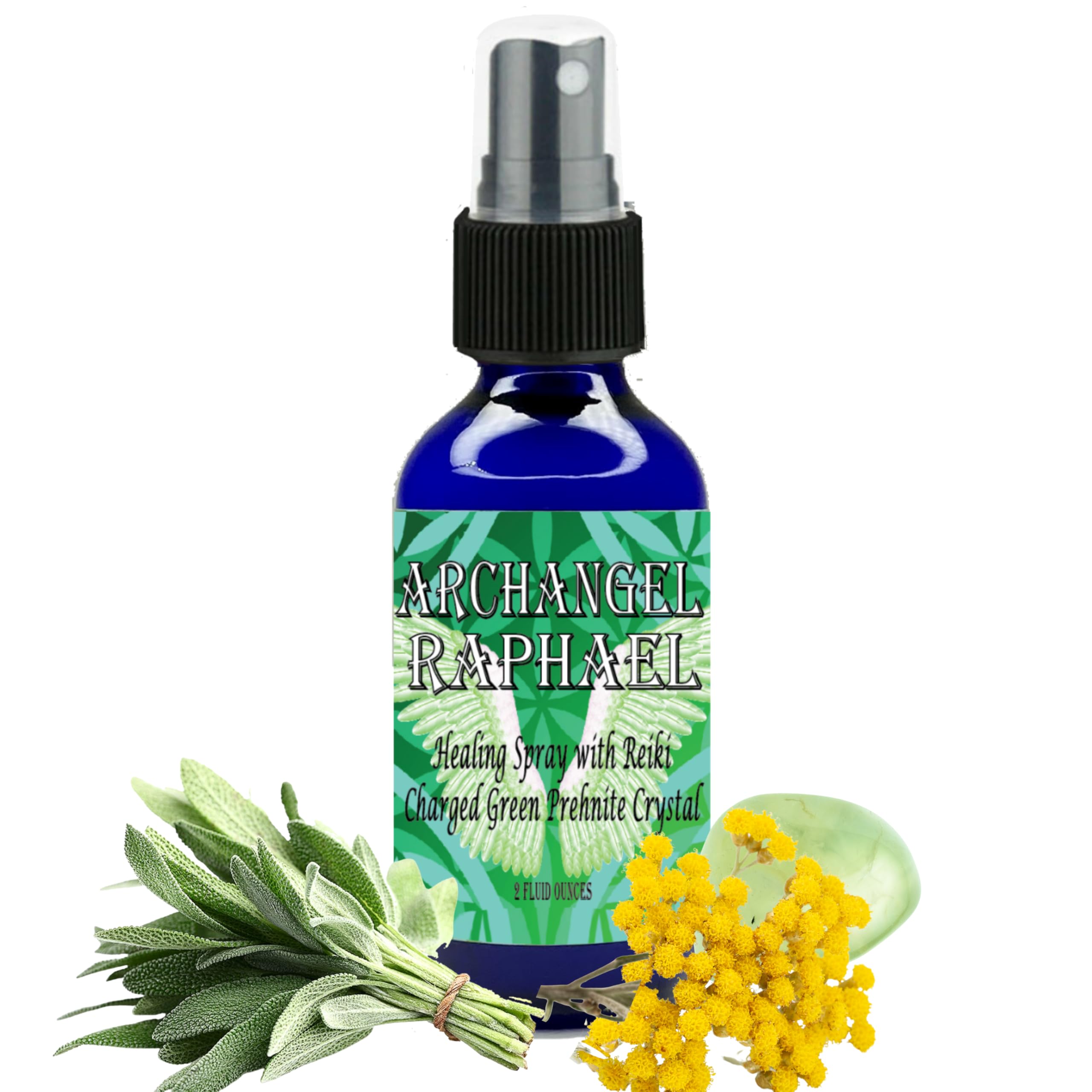 Archangel Raphael Sacred Spray with Reiki Charged Green Prehnite Crystal (2 oz) - High Frequency Healing Spray in Glass Bottle