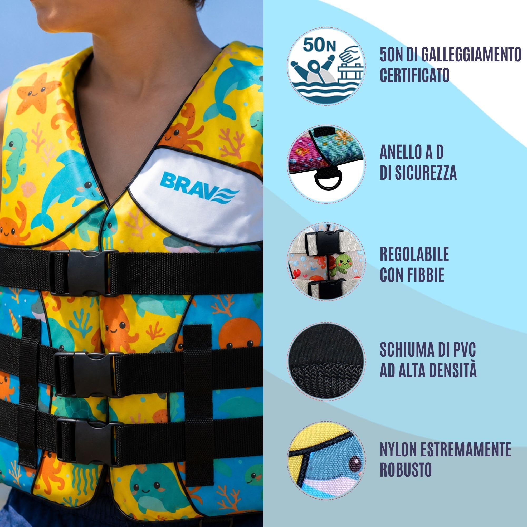 Giubbotto Salvagente Bambino 50N Omologato – Gilet Salvagente Bambini per Spiaggia, Piscina e Kayak – Nylon Resistente + PVC – 3 Cinghie Regolabili