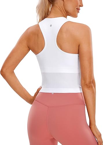 CRZ YOGA Camiseta corta sin mangas de cuello alto acanalada sin costuras para mujer, sujetadores deportivos acolchados con espalda cruzada larga