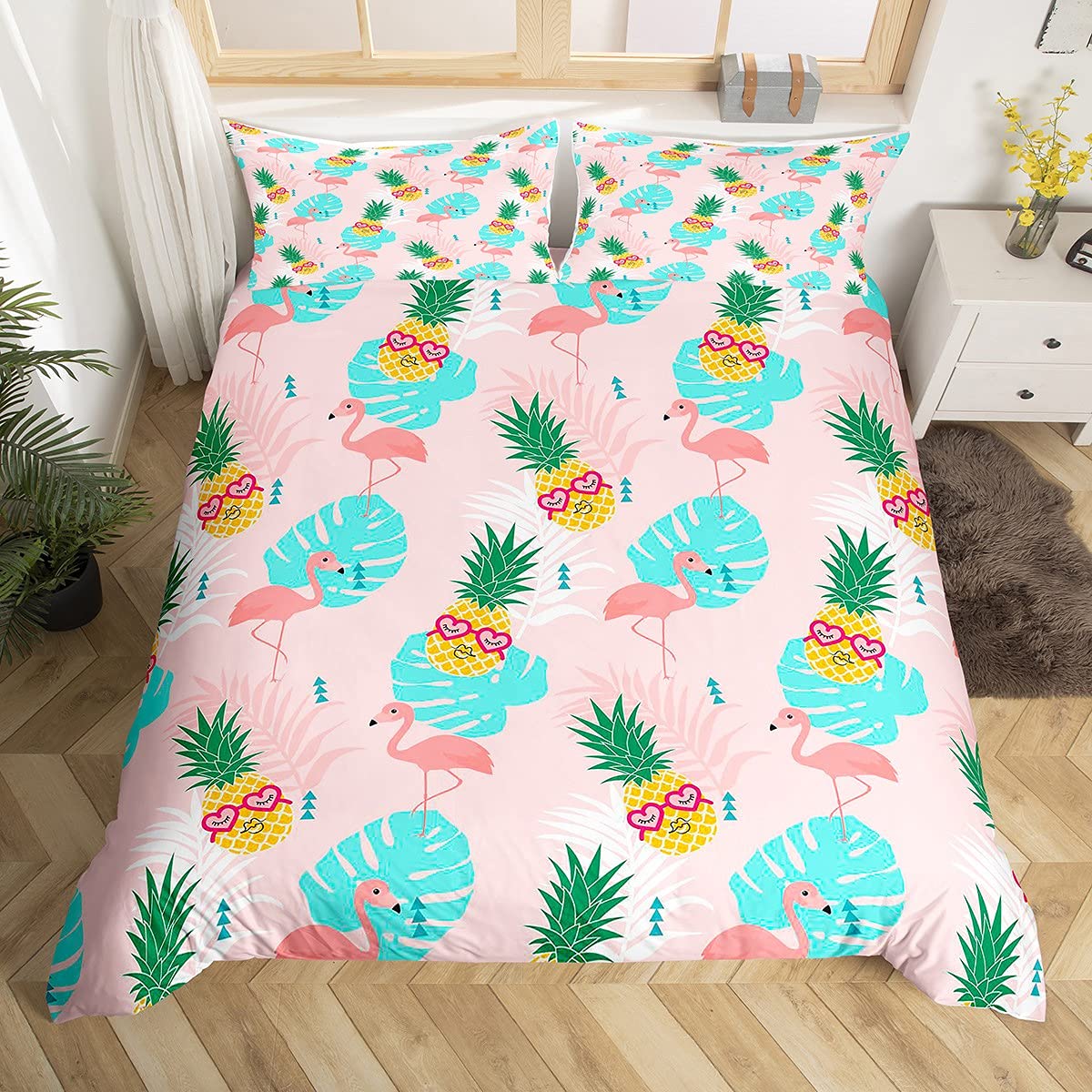 Homemissing Golden Pineapple Bedding Set for Kids Girls Boys Pink Flamingos Comforter Cover Tropical Animal Palm Leaves Duvet Cover Summer Natural Bedding & Linen King Size