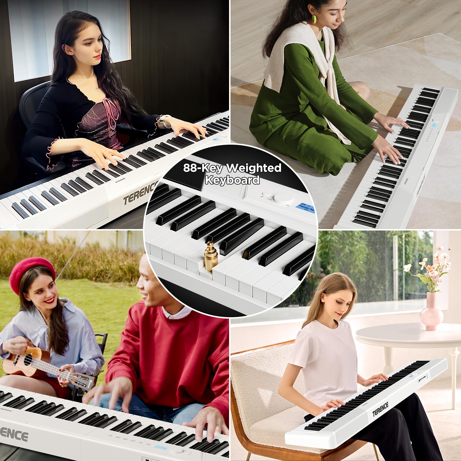 TERENCE Piano numérique 88 touches - 30 W - Haut-parleur AR - Système audio - Piano électronique pliable - 4 effets de réverbération - Capteur miroir - Interfaces MIDI