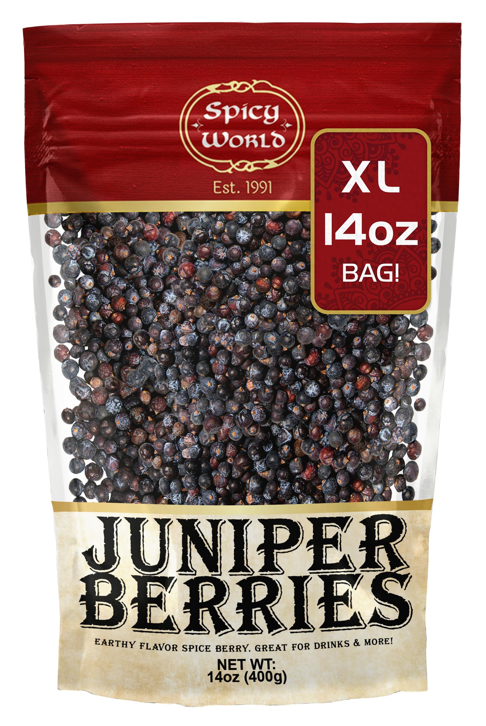 Spicy World Juniper Berries Whole 14 Ounce Bag- Pure - Great for Cooking, Drinks, Tea & More!