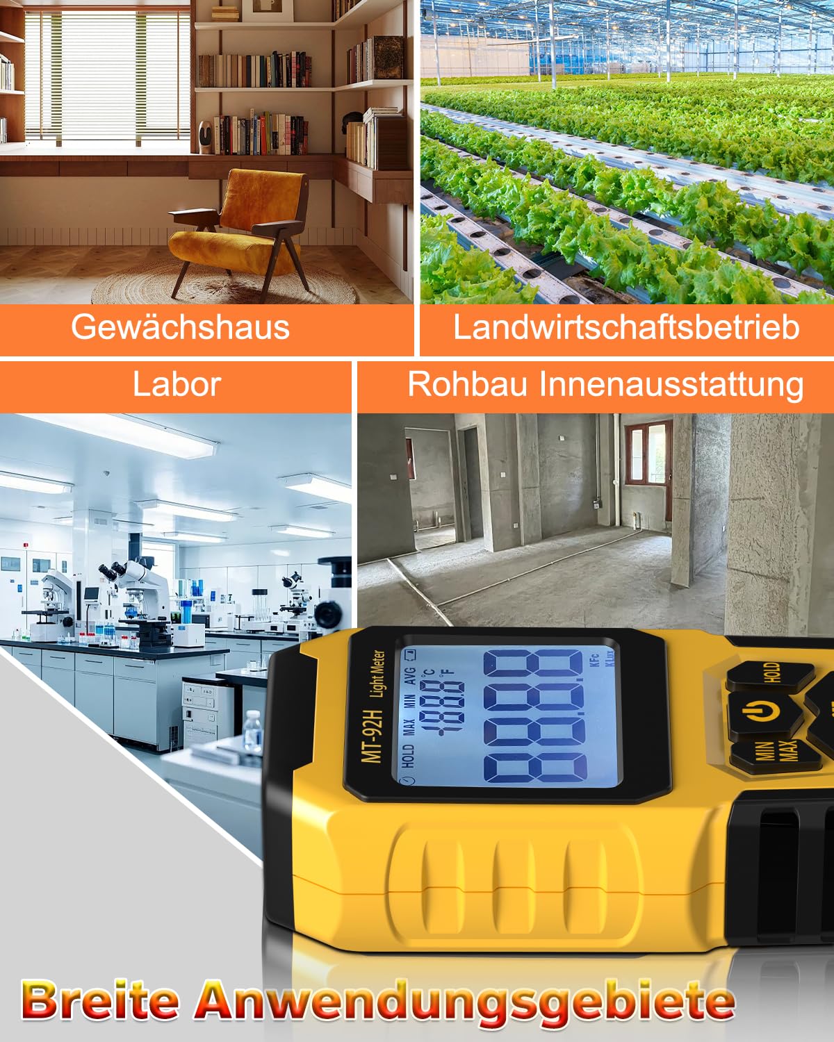 Digitales Luxmeter, Handheld Lux Messgerät Thermometer mit Externem Sensor, bis 200.000 Lux, hohe Genauigkeit, LCD Display, Lichtmessgerät für Pflanzen Innen Außen
