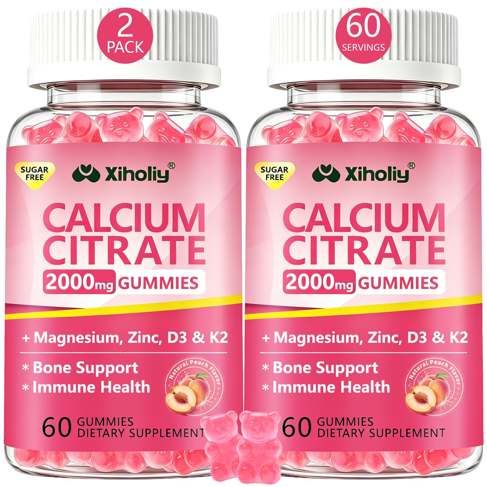 XIHOLIY Gomas de Citrato de Cálcio 2000 mg com Vitaminas D3 e K2, 120 gomas