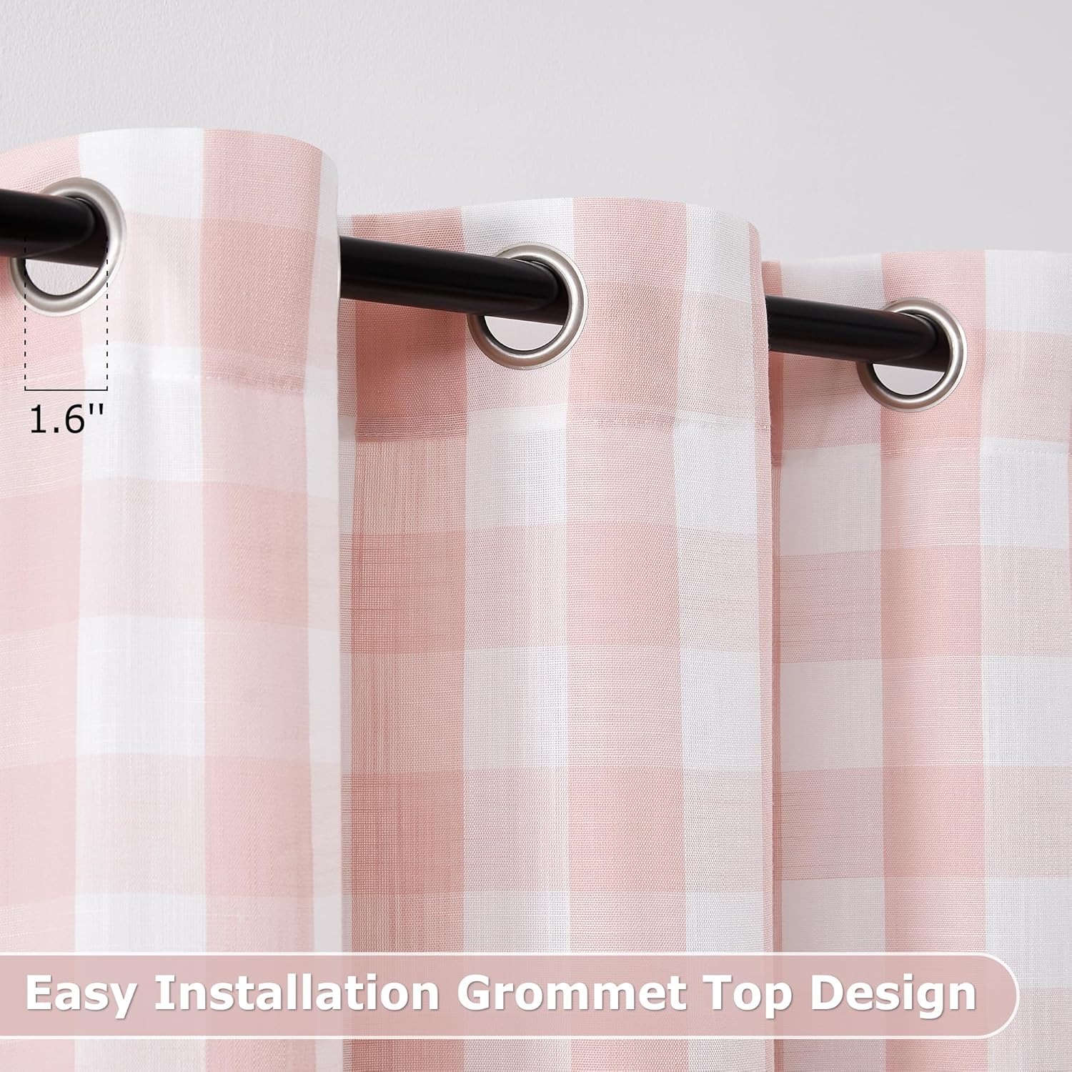 Jubilantex Buffalo Check Semi Sheer Curtain Panels Pink White Gingham Curtains Farmhouse Grommet Window Drapes for Living Room Bedroom 40"x84",2 Panels